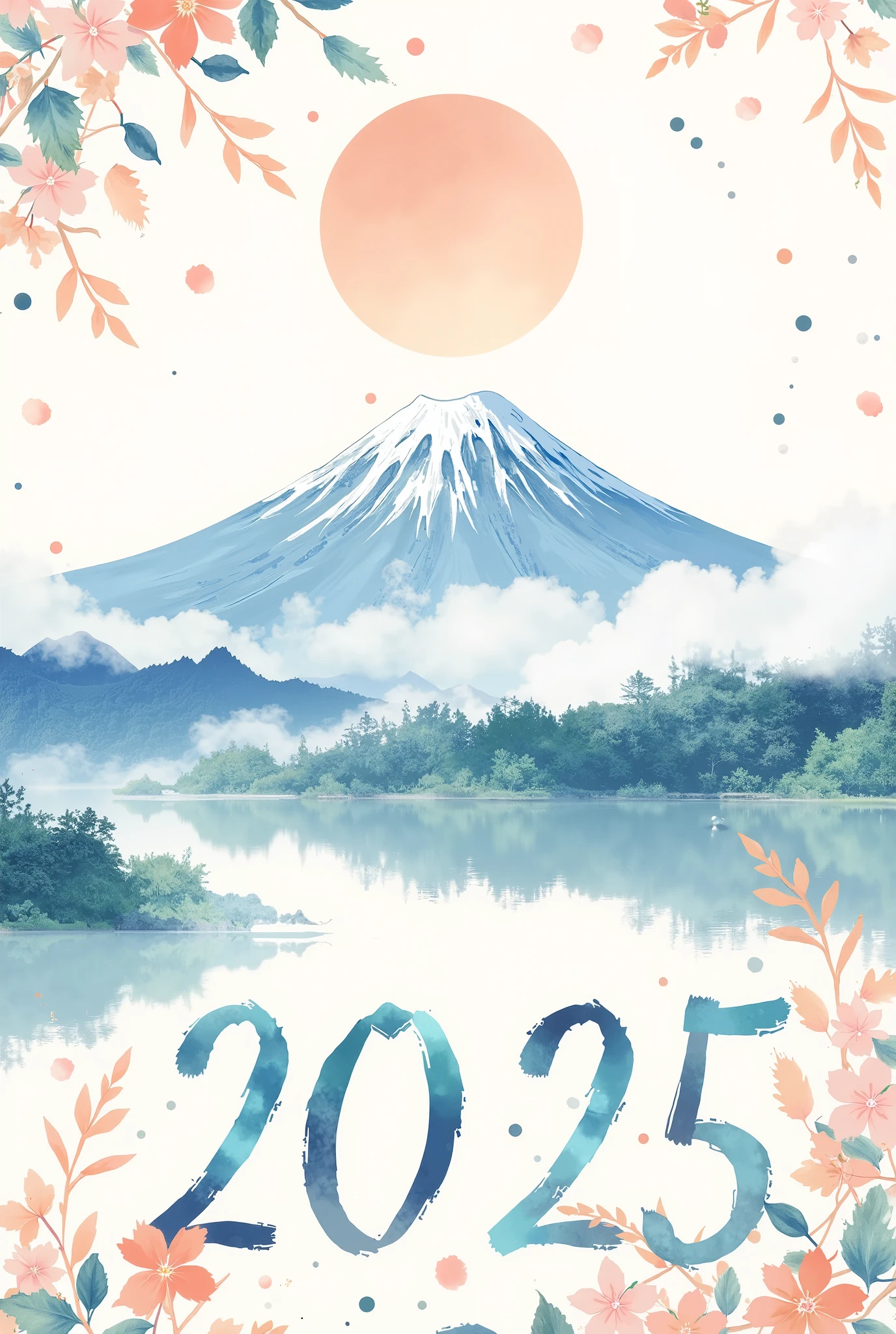 (masterpiece:1.2,EXCEPTIONAL QUALITY  ,Mirror Finish  ,  CINEMATIC EXPERIENCE  ,  best illustration:2.0),  ultra high definition ,  very detailed ,8k,16k, wallpaper,(  new year poster :2.0),(watercolor),( cute illustrations :2.0),("NEW YEAR 2025"Write the text of:2.0),( abstract and cute illustrations:2.0),( cute illustrations  of Mt. Fuji:2.0),(  minimalist:2.0),(  simple design  :2.0)