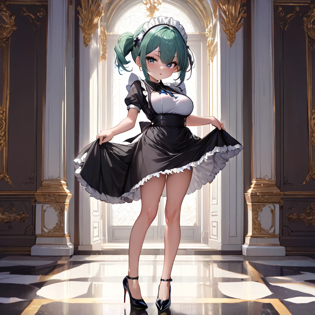 hall of royal palace, landscape, BREAK, beautiful detailed face, ultra high resolution, masterpiece, BREAK, (solo), skinny, (1 petite maid standing:1.2), tiptoe, curtsey, both hands lifting short skirt up to both sides, arched back, (bouncing breasts), looking at viewer, BREAK, (large breasts), (too short torso:1.2), (too short waist:1.2), (too narrow skinny waist:1.2), (skinny legs), (long legs), BREAK, black maid dress, (too short high-waist skirt), stiletto heels, BREAK, nsfw, show off white panty, show off cameltoe, pussy juice