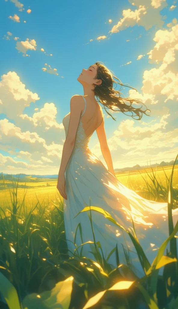 Fine brush, beautiful. Detailed drawings. High image quality,ultra detailed, detailed watercolor and pencil and black ink, soft and fantastic, pastel、A girl with her arms outstretched and her body full of the morning sun, sunlight filtering through the trees, dramatic shadows.