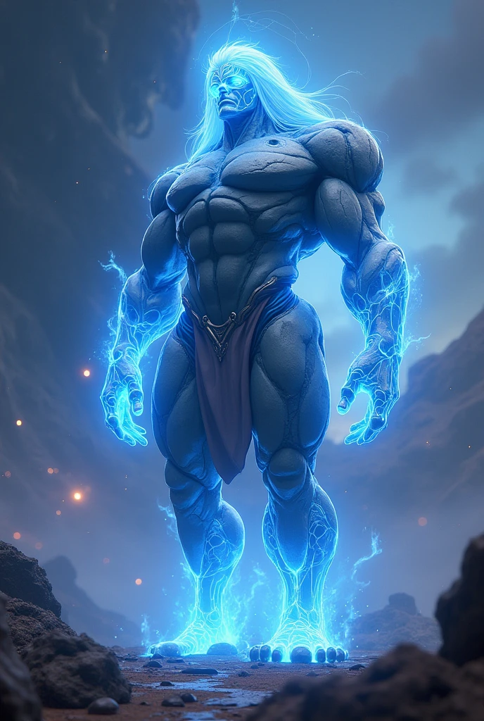 White statue with blue neon of a strong man with long beard hair, Realistic, dark backdrop, corpo inteiro