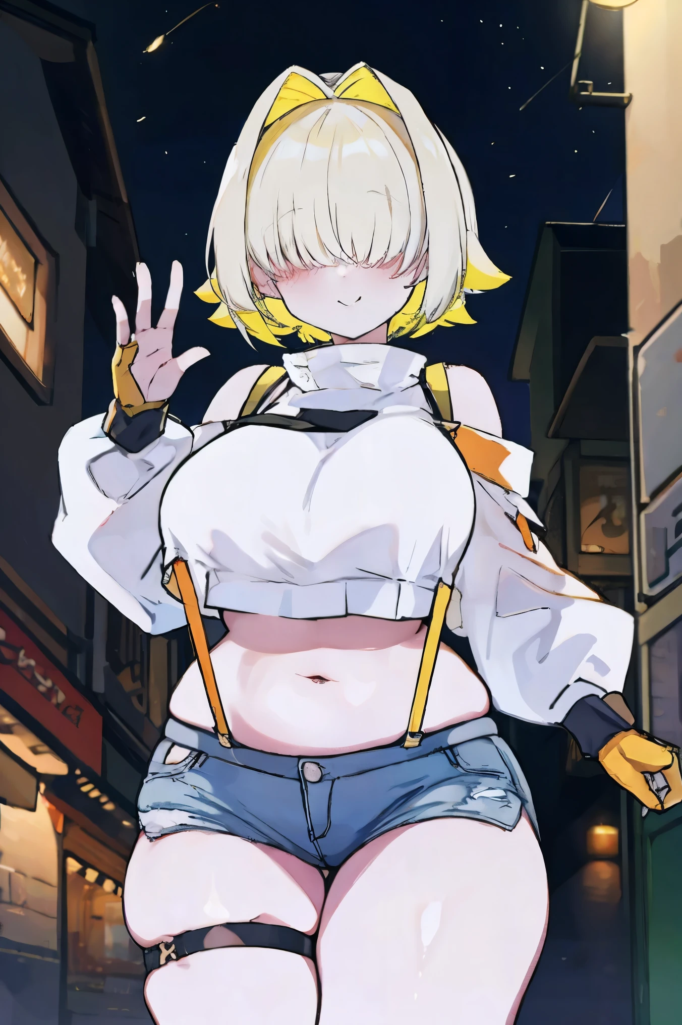 score_9, score_8_up, score_7_up, source_anime BREAK 1girl, solo, elegg, short hair, bangs, hair intakes, multicolored hair, hair over eyes, crop top, bare shoulders, long sleeves, suspenders, midriff, navel, short shorts, thigh strap, multicolored_gloves, large breasts, looking at viewer, thick thighs, plump, standing, smug, waving
,future_city_background,night,under_breasts,lighting,