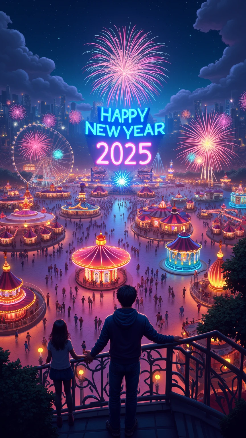 (masterpiece, high quality, 4K, 8K, detail), art poster with neon sign “HAPPY NEW YEAR 2025”, amusement park at night seen from above, Ferris wheel glowing in a circle, roller coaster track, carousel, and many other lights in the amusement park, many lights in the amusement park are shining The amusement park at night seen from the sky, the Ferris wheel glowing in a circle, the roller coaster track, the merry-go-round, many lights in the amusement park shining, people visible, glamorous illumination, “HAPPY NEW YEAR 2025” neon sign in the sky, fireworks, long shot, New Year's celebration poster, wallpaper,
