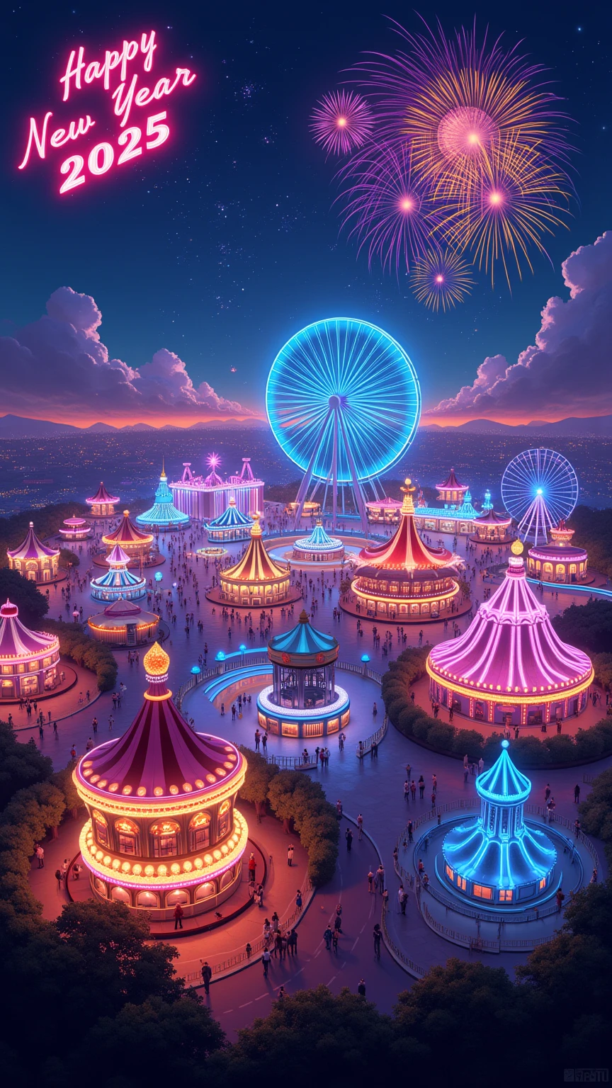 (masterpiece, high quality, 4K, 8K, detail), art poster with neon sign “HAPPY NEW YEAR 2025”, amusement park at night seen from above, Ferris wheel glowing in a circle, roller coaster track, carousel, and many other lights in the amusement park, many lights in the amusement park are shining The amusement park at night seen from the sky, the Ferris wheel glowing in a circle, the roller coaster track, the merry-go-round, many lights in the amusement park shining, people visible, glamorous illumination, “HAPPY NEW YEAR 2025” neon sign in the sky, fireworks, long shot, New Year's celebration poster, wallpaper,
