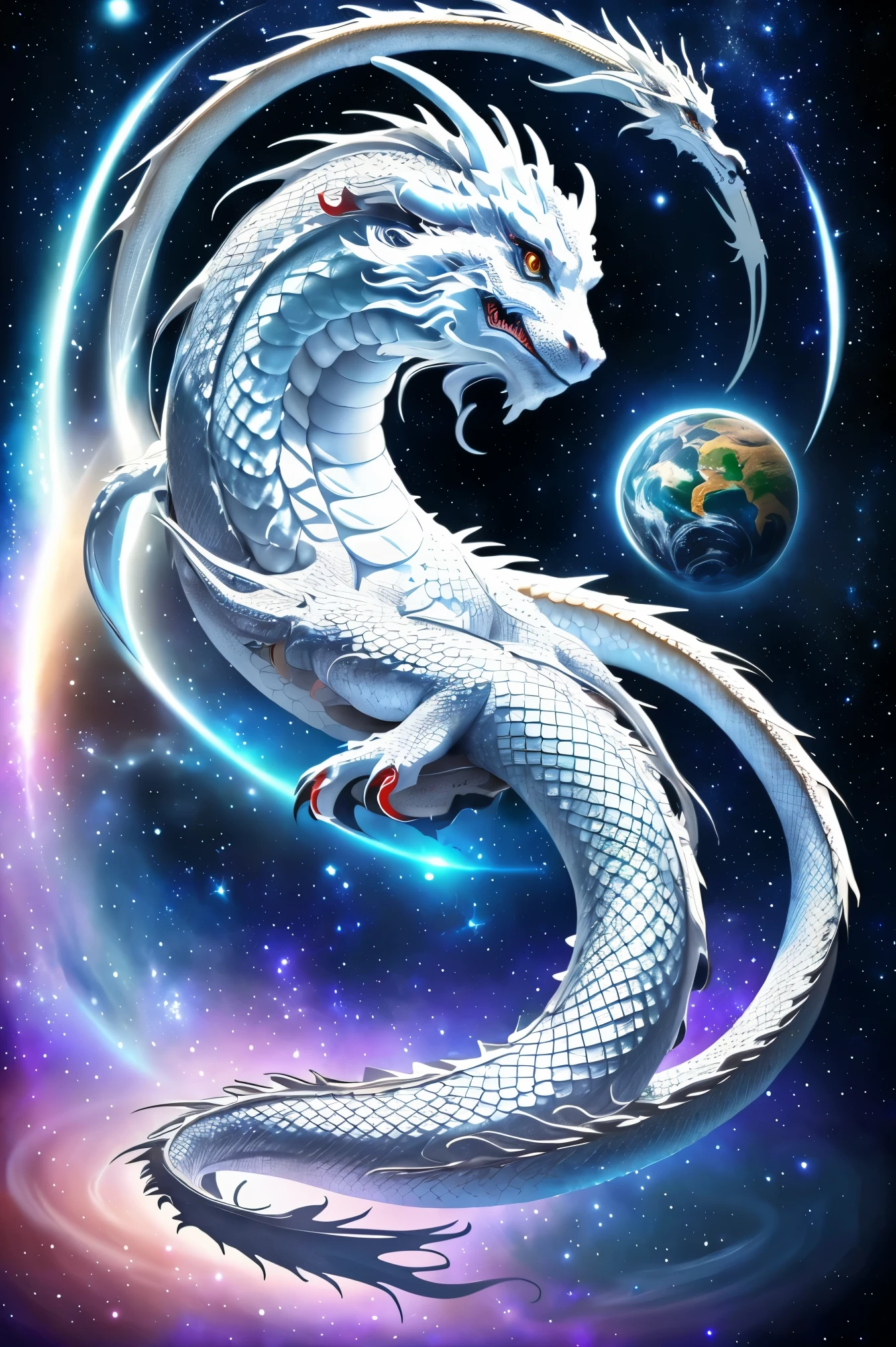 (icon), ((Shining slender Japanese universe Dragon God ascending to the heaven)),(The tail of the snake)
(The background is a fantastic and beautiful universe), high resolution dragon, rising sun, Big Mt Fuji, sunrise Mt Fuji, universe dragon hybrid, Beautiful Space Cluster, ((a White Dragon)), 
 ((The earth is placed at the top of the image)).
 High image quality, (((Dragon face upward))), 
Divine dragon of the Orient, The lower part of the background is space with beautiful stars.
(The full body of the dragon is 20% the size of the image)