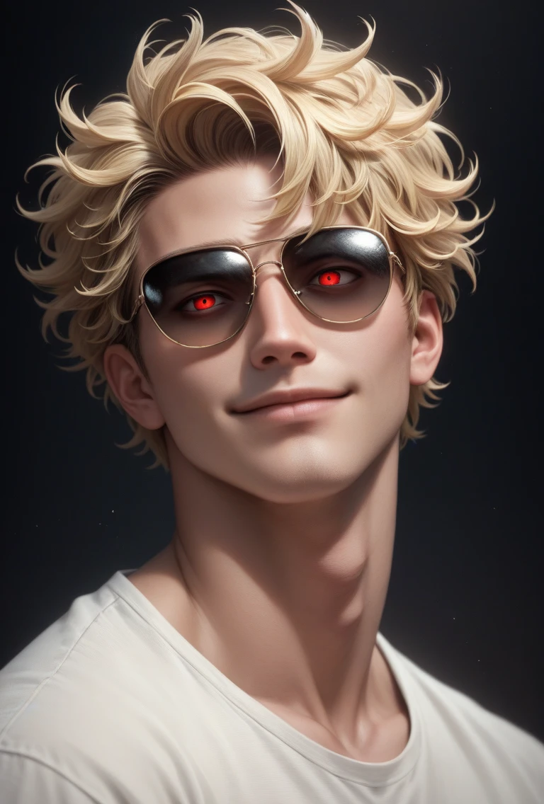 (solo), (1 male), (1 man), (handsome men), (one man with blonde hair with black inner hair color, red eyes), (short hair), (messy hair), (sunglasses),((masterpiece)), (dark background: 1.3), (stylish), White knit,dynamic angle, (detailed face, detailed eyes, proportional hands, proportional anatomy), sitting in a relaxed pose, sinister atmosphere, a nihilistic smile,black background