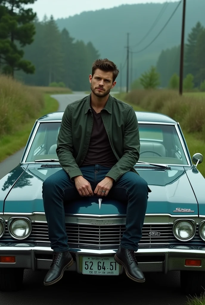 <lora:Chevrolet_Impala_67:0.6> handsome guy in a black leather jacket sitting on a shiny green Chevrolet Impala 1967 car