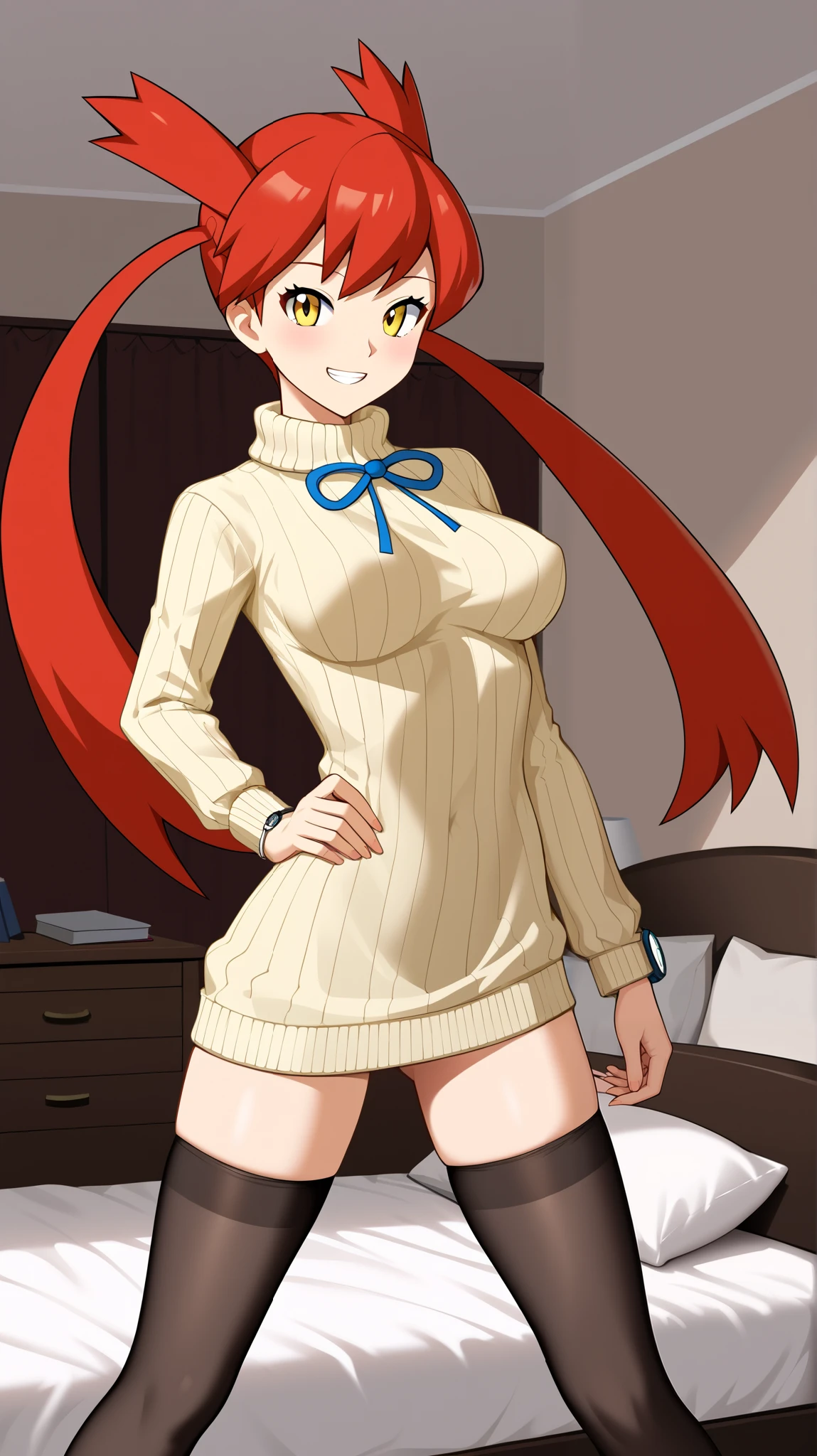 (( top quality)), ((masterpiece)), (( Details)), 1girl, Red hair color,  twin tails,  long hair, Yellow Eyes, long sleeve vertical stripe sweater,  black knee-high stockings,  absolute domain,  Tall,  anime coloring book,  Watch Viewers , 1 Female, Age 18,  is standing, whole body, Place one hand on hip,  slim figure,  sexy smile,  Seductive Smile, teeth, bedroom,  bed, (\ Pokémon\),  score_9,  score_8_Excellent,  score_7_Excellent,  score_6_Excellent,  source_Anime,  cell shading ,  flat color, vector, Ample breasts, Two legs, two arms,