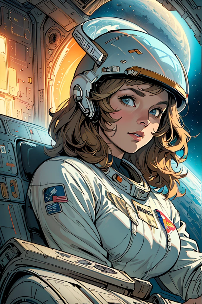 (((Top Quality Masterpiece ))),(((solo:1.2))),((( 1 woman :1.2))), 32K Highly Detailed Wallpaper , Retro Vintage Style ,(dynamic Angles),((( overwhelming highlights))),((most complex machine)),American Comics Touch , 80s space thriller movie poster,(((Detailed and perfect woman ))),((( bust up))),(((full face helmet broken space shuttle satellite)))