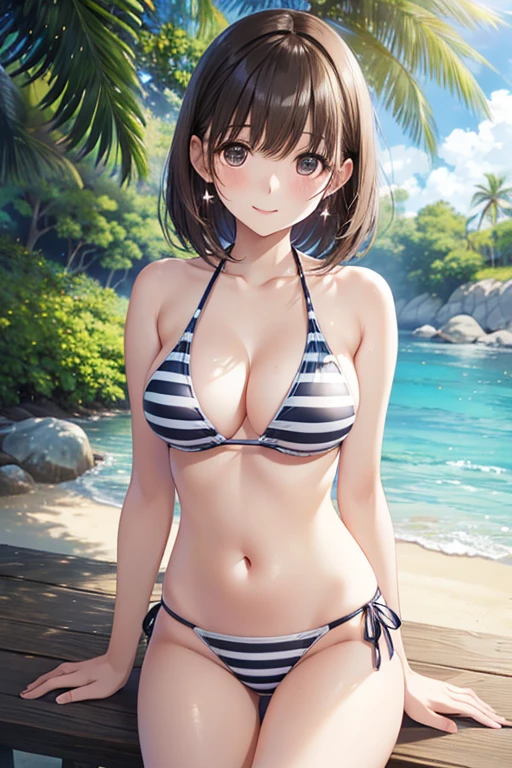 anegasaki nene、 shiny chestnut hair ,  shorthair , ( brown pretty eyes 、 sparkling eyes , Fine grain)、smile、 super detailed eyes、 very detailed face ,  highly detailed eyes ,(masterpiece:1.3), cowboy shot, (Only one woman, Alone)、



 masterpiece,  top quality,  high resolution, 


 white and black striped bikini、カウボーイが撃った、 summer beach 、Under the blazing sun、 lens flare