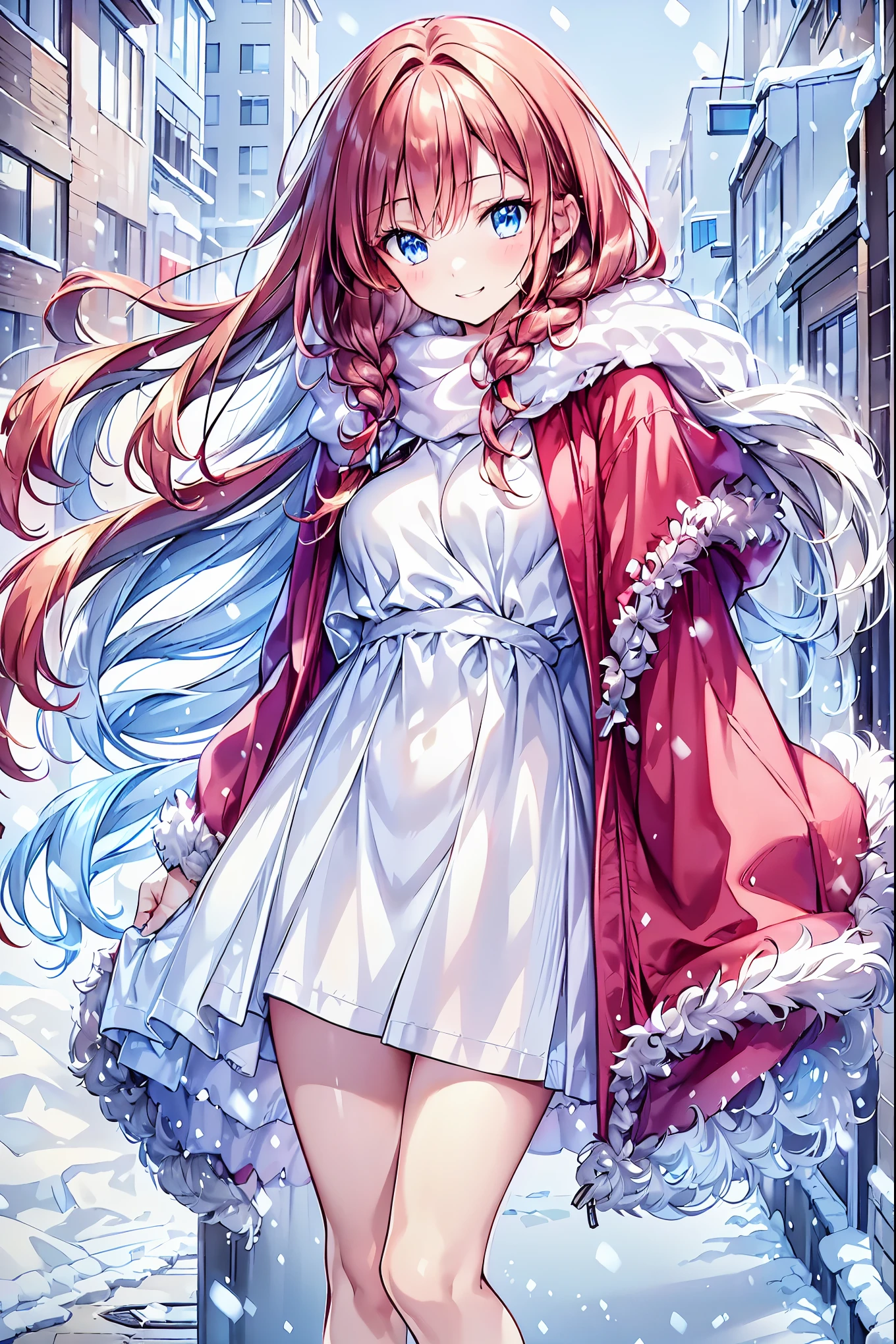 Winter clothes、Red coat、Bare legs、(  Top Quality ,masterpiece:1.3,   ultra high definition ),(   very detailed,   caustics,8k),(   realistic :1.4,RAW shooting),18 years old,   Japanese   ,   cute,  Looking at the camera and smiling   ,(   Focus on Face  :1.2),(   face close-up  :1.2),(Low position:1.3),(   low angle:1.4), brown hair，   shortcuts，   slender beauty   ，   messy hair，Cityscape， brown hair，  shortcuts，  tousled hair ， short braided hair，Neat，  slender beautiful woman ，Correct posture， small breasts，  Beautiful Legs，  Enchanting gray-blue eyes shine like stars，Droopy eyes，  bright color ,  beautiful eyes,A delicate smile, Textured Skin, BEST QUALITY BEST  ,   A Parody of a Gentle and Beautiful Woman  ,  anime style､