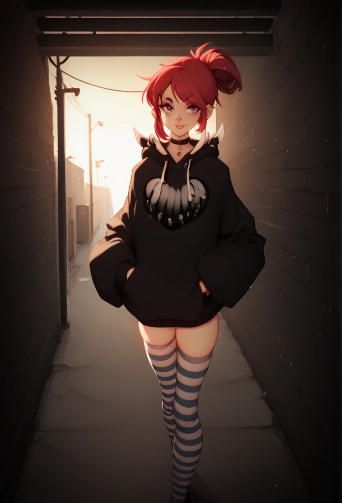 A mysterious invisible girl wearing a slightly oversized hoodie and stockings, standing in a dimly lit urban alley at night. Her invisibility is hinted at by faint distortions in the air, outlines formed by the way light bends around her figure, and the slight movement of her hoodie and stockings as if floating. The hoodie is dark-colored, the stockings have a striped pattern, and the atmosphere is eerie yet intriguing, with soft ambient lighting casting long shadows on the brick walls.