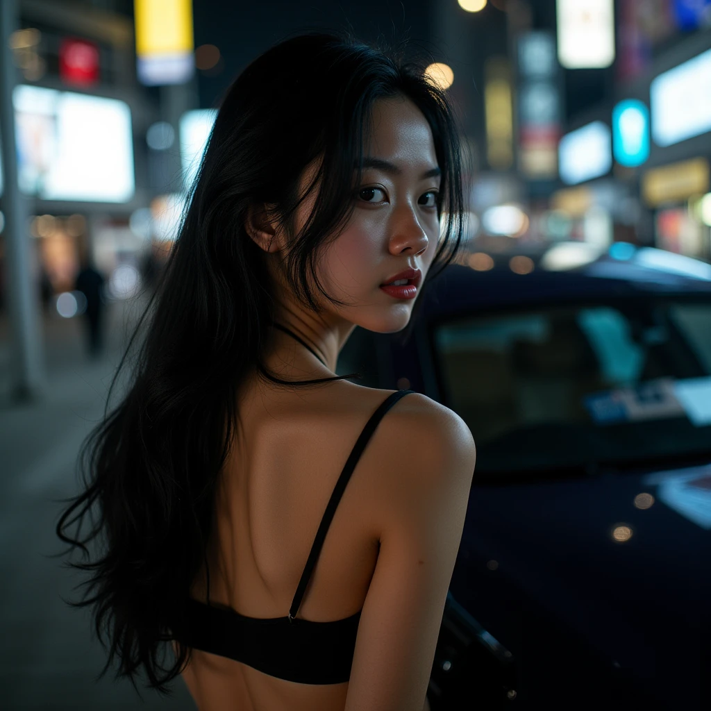 Best Quality, 16k, Masterpiece: 2.0, ((POV)), 1.60 m tall, very young, sexy, (JAV style: 2.0), (K-ldol: 2.0), Asian woman, with long Black hair, sports bra and leggings, ((without brand - above)), thin lips, small fingernails, her face, neck and upper body can be seen from a bird's eye view, very close, photographed from above. The woman stands next to a Maserati Quattroporte and poses for the camera, the image is a scene from the film The Fast and the Furious: Tokyo Drift in Tokyo at night, sharp focus and background, very detailed, clear details of the person and the surroundings, ultra-sharp focus, person and background equally detailed, ((ultra-realistic image of a woman)).
