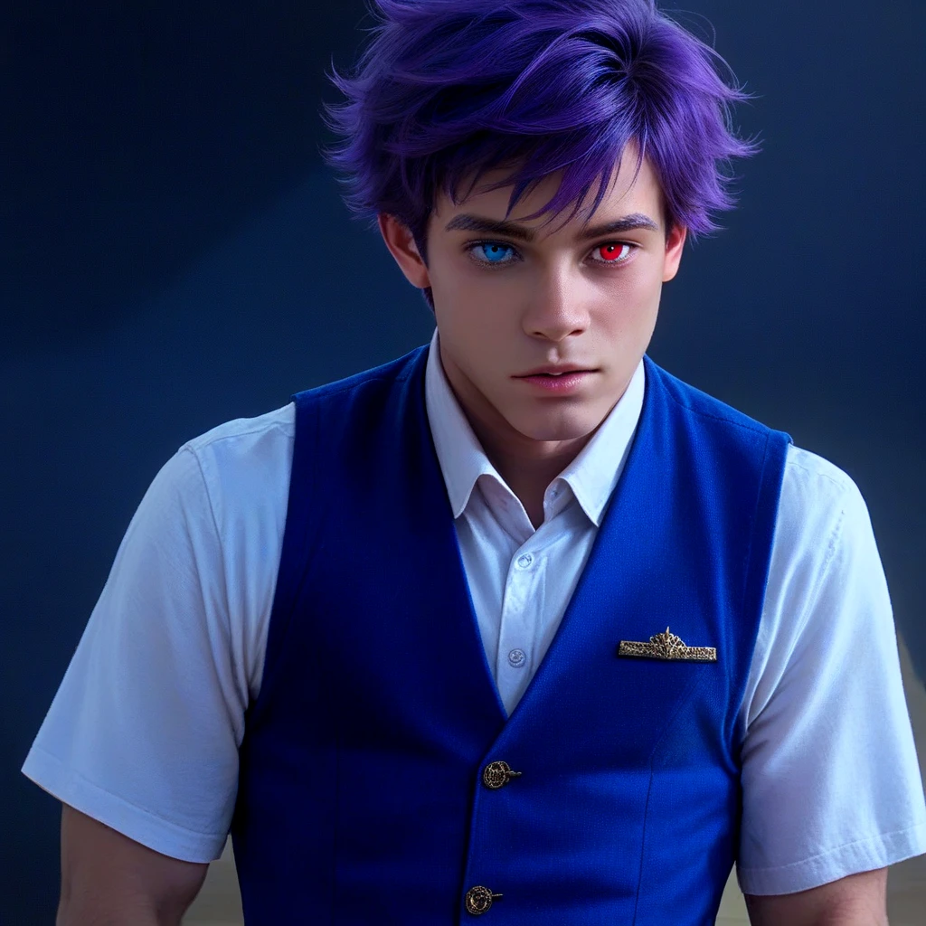 ((((nobackground)))),1boy,standing,  shorthair, dark purple hair, (((heterochromic,red&blue))),vest, blue Clothes,