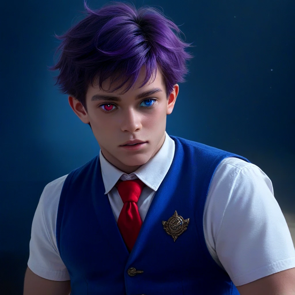 ((((nobackground)))),1boy,standing,  shorthair, dark purple hair, (((heterochromic,red&blue))),vest, blue Clothes,