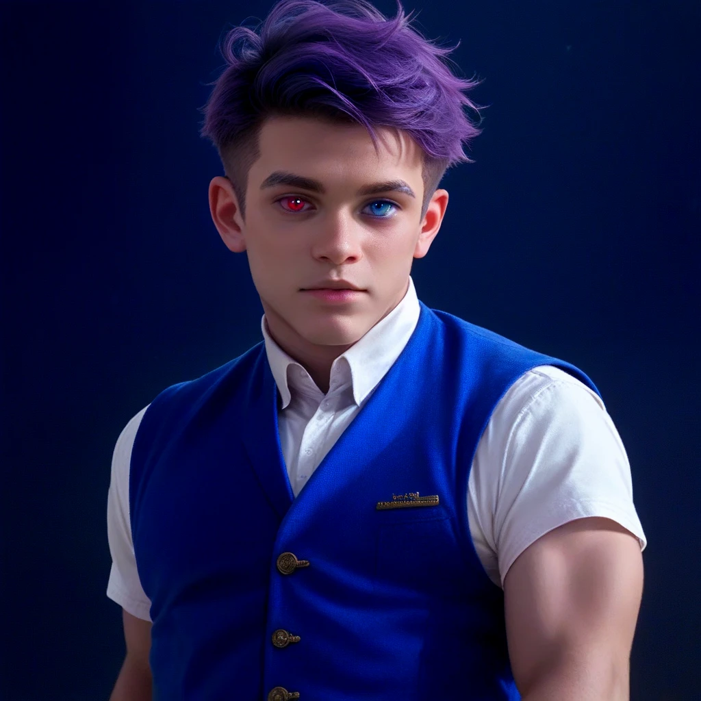 ((((nobackground)))),1boy,standing,  shorthair, dark purple hair, (((heterochromic,red&blue))),vest, blue Clothes,