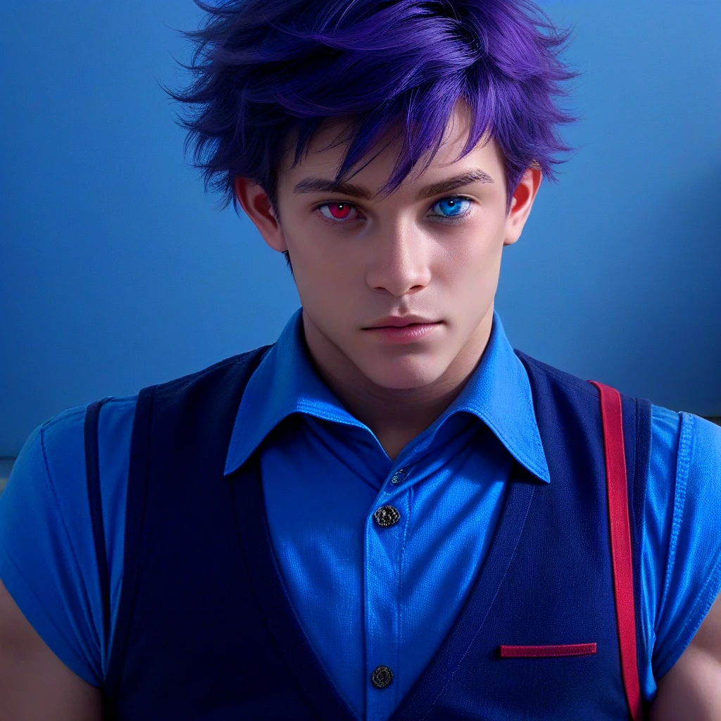 ((((nobackground)))),1boy,standing,  shorthair, dark purple hair, (((heterochromic,red&blue))),vest, blue Clothes,