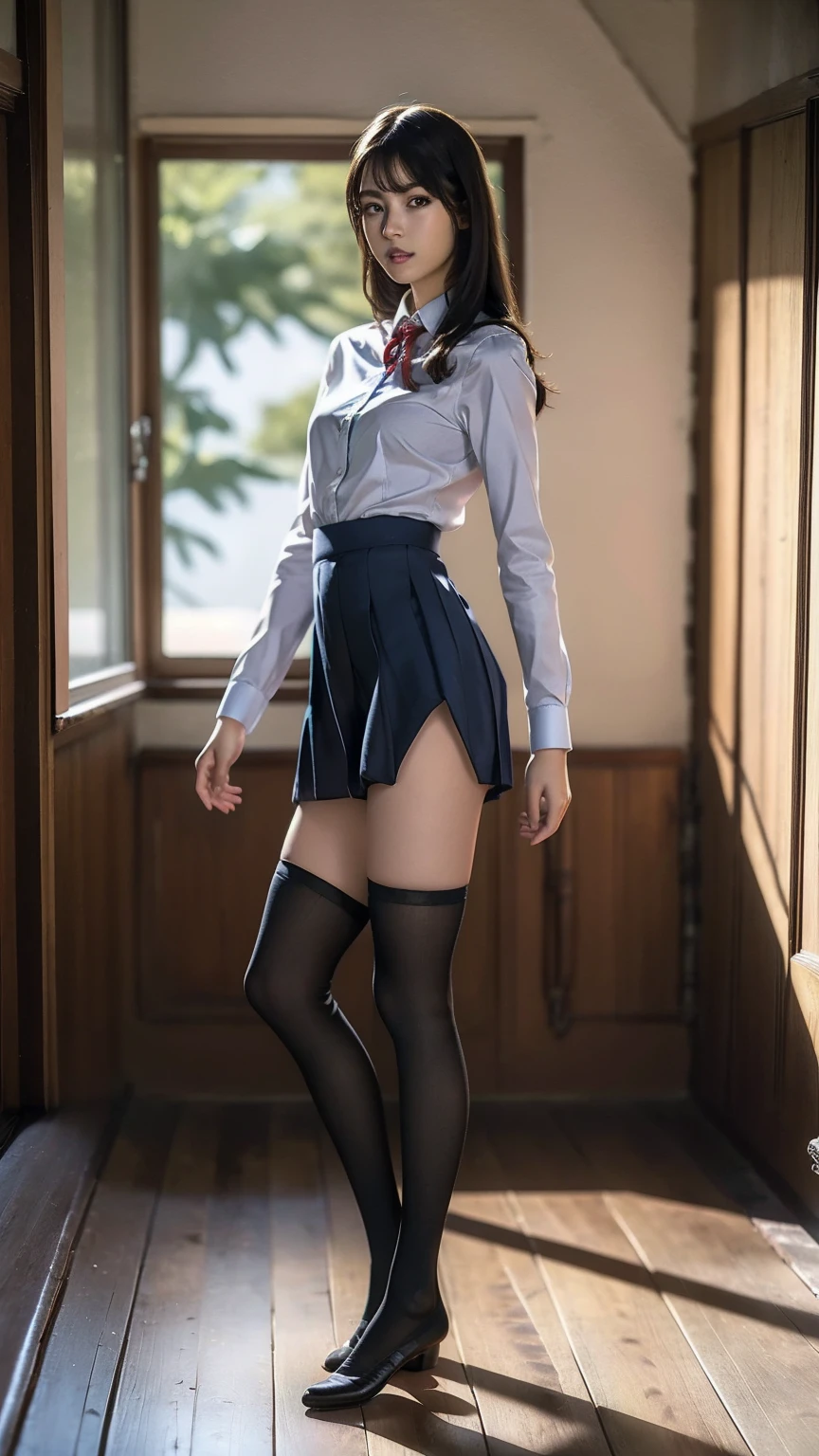 Photorealistic, hyperreal, leg extended upward, wear pantyhose, blurred out background of a classroom, focuses on pantyhose leg, school, sexy teacher with a young Male (skimpy, upskirt to see shaved vagina beneath her pantyhose, legs open wide, cute feet, show face, wavy long dark hair with bangs, glossy sheer black pantyhose, male student touches her and lifts her skirt, little black panties