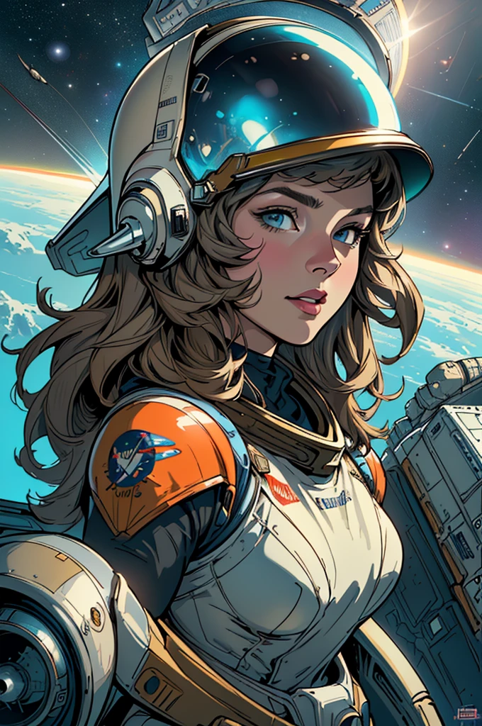 (((Top Quality Masterpiece ))),(((solo:1.2))),((( 1 woman :1.2))), 32K Highly Detailed Wallpaper , Retro Vintage Style ,(dynamic Angles),((( overwhelming highlights))),((most complex machine)),American Comics Touch , 80s space thriller movie poster,(((Detailed and perfect woman ))),((( bust up))),(((full face helmet space shuttle infinity satellite)))