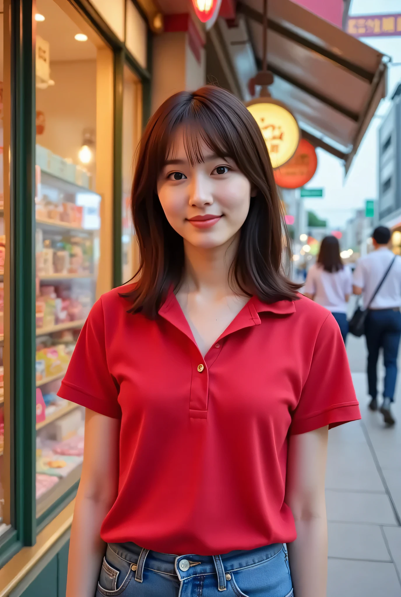  (( 8k results   ,   portrait of my sister with beautiful skin on a street corner   ,19 years old Japanese ,(( Red polo shirt下のやわらかそうなおっぱい:1.4))  , underboob出し:1. 4 portraits    )),  very beautiful、 slim 、    beautiful legs with a tail  、   belly button out, underboob出し, Red polo shirt, underboob,Very delicate face   , Skin and Hair、 underboob,  very short hair ,  dark brown hair  、、    cover her chest with her arms   、Inside the street    、now、   crowded streets   、8k photos、    very cute face Japan   、slender、 }   Pretty eyes and nose     、  sexy