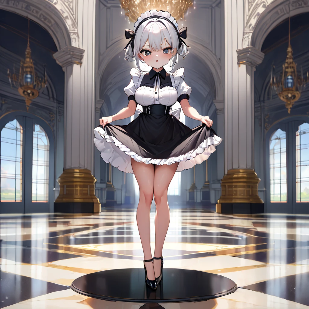 hall of royal palace, landscape, BREAK, beautiful detailed face, ultra high resolution, masterpiece, BREAK, (solo), skinny, (1 ite maid standing:1.2), tiptoe, curtsey, both hands lifting short skirt up to both sides, arched back, (bouncing breasts), looking at viewer, BREAK, (large breasts), (too short torso:1.2), (too short waist:1.2), (too narrow skinny waist:1.2), (skinny legs), (long legs), BREAK, black maid dress, (too short high-waist skirt), stiletto heels, BREAK, nsfw, show off white panty, show off cameltoe, pussy juice