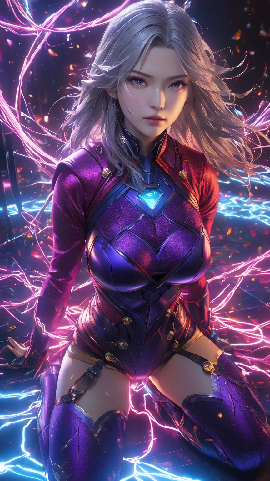 woman、Thor, Bloodflame ,  ray tracing, masterpiece,  top quality,   ultra quality,  absurd detail, best Light,  sharp,  sharp image, ultimate, Details, extremely   Details,  high resolution,  16k, 超 high resolution,   particle effect , Beautiful Effects,  bright color, neon Light, neon, Light, close-up、Super big breasts:1.5、Big Butt、 Long Sleeve 、 stockings 、 realistic textured face and skin、 hyperdetail、 effect effect、Overhead shot、Unconventional、Purple outfit、Gray Hair、Illumination、Full body shibari 、 kneeling、