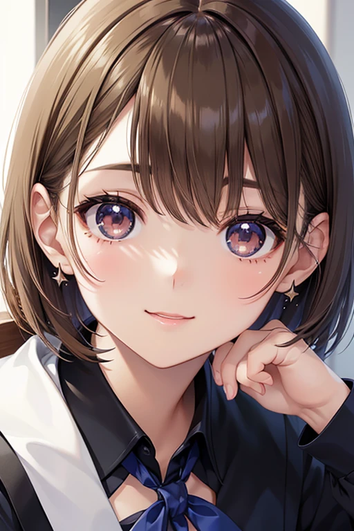 anegasaki nene、 shiny chestnut hair ,  shorthair , ( brown pretty eyes 、 sparkling eyes , Fine grain)、smile、 super detailed eyes、 very detailed face ,  highly detailed eyes ,(masterpiece:1.3), cowboy shot, (Only one woman, Alone)、



 score_9,  score_8_  up,  score_7_  up,  score_6_  up,  score_5_  up, anime line break  ，  top quality、masterpiece、High sensitivity、 high resolution、  detailed description  、The most beautiful girl in the class、The seat next to me、