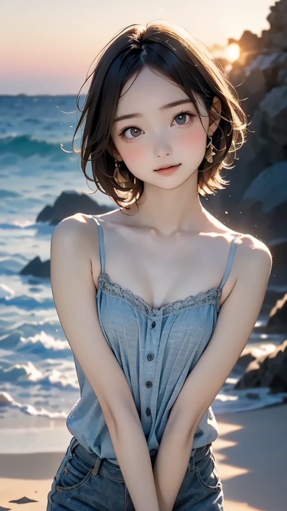 one girl, (12years old:1.4),(Very Young Face), (japan Person famous idol), face, cute face, ash gray hair:1.5, bob hair, short hair, camera's line of sight, small breasts, An ennui look, (((camisole, dress))) , particles of light, sea of ​​sunset, calm sea, white sand beach, very beautiful sunset, RAW photo, highest quality, High resolution, High resolution, masterpiece:1.3, 8k, 12k, professional photographer,(Enhances the beauty of skin texture:1.1),((Extremely precise and accurate anatomy:1.0)),Kind eyes,Graceful pose,(Beauty of form:1.4) Golden ratio, big eye,(nature's providence:1.4),