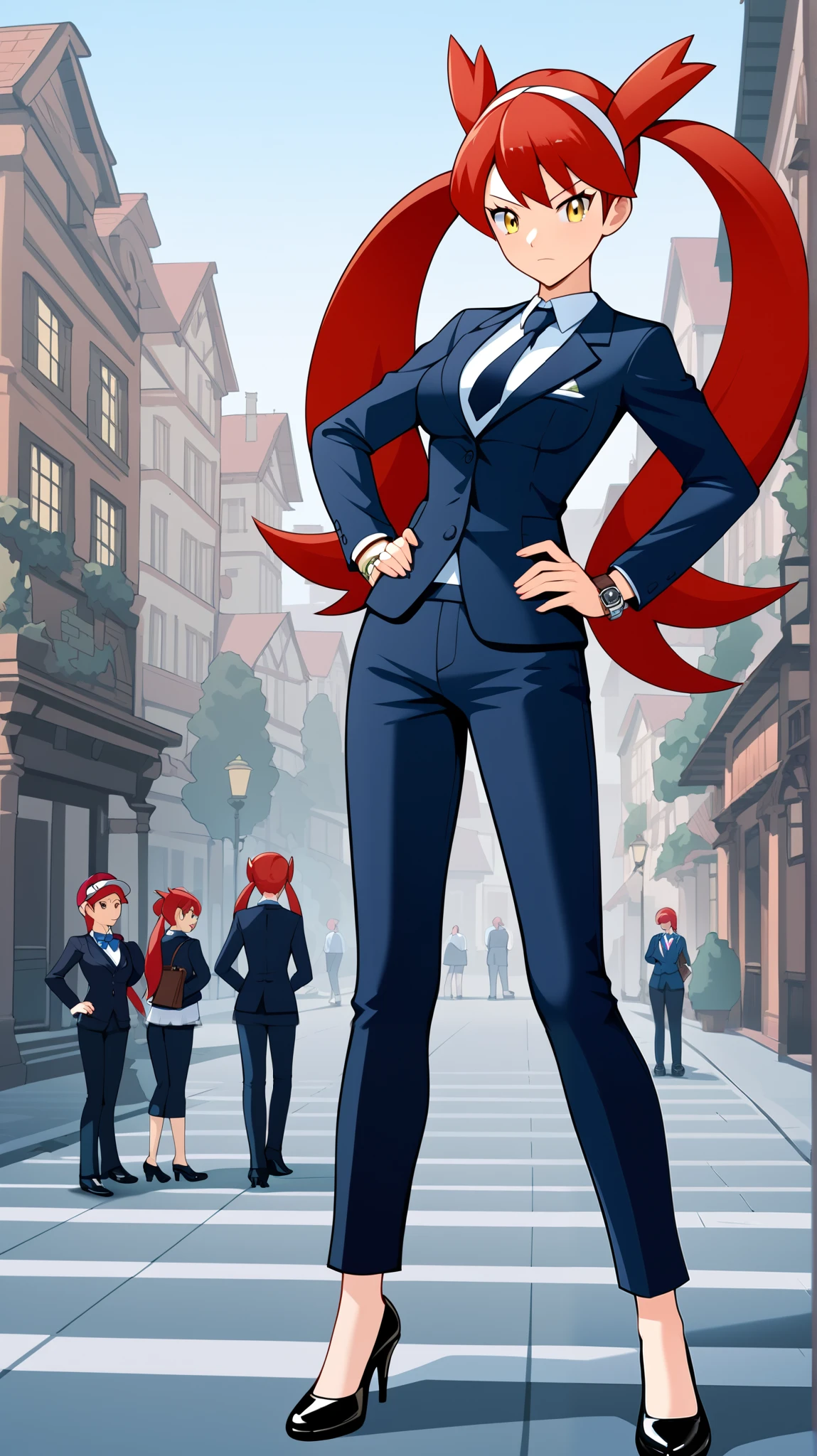 (( top quality)), ((masterpiece)), (( Details)), 1girl, Red hair color,  twin tails,  long hair, Yellow Eyes,  business suit, black jeans suit,  ties,  Tall,  black high heels,  anime coloring book,  Watch Viewers , 1 Female, Age 18,  is standing, whole body, Place one hand on hip,  slim figure,  serious expression, town, (\ Pokémon\),  score_9,  score_8_Excellent,  score_7_Excellent,  score_6_Excellent,  source_Anime,  cell shading ,  flat color, vector, Ample breasts, Two legs, two arms,