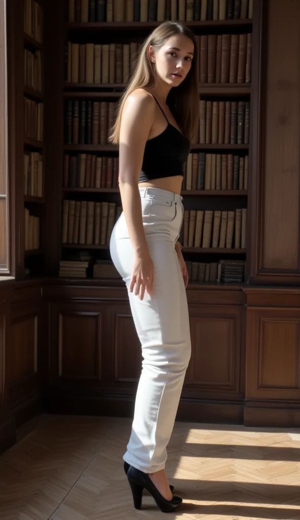 a beautiful young woman wearing a long and tight fitting white pencilskirt and stands in an old library. Shot from the side. There is lots of natural light. piss is flowing from her bottoms in a stream and a wet crotch stain is visible on the back of her skirt. she has an amazing body with wide hips, a thin waist, and a round ass. she is shocked and embarrassed.  She wears a skirt with a black crop top and a loose crop jacket