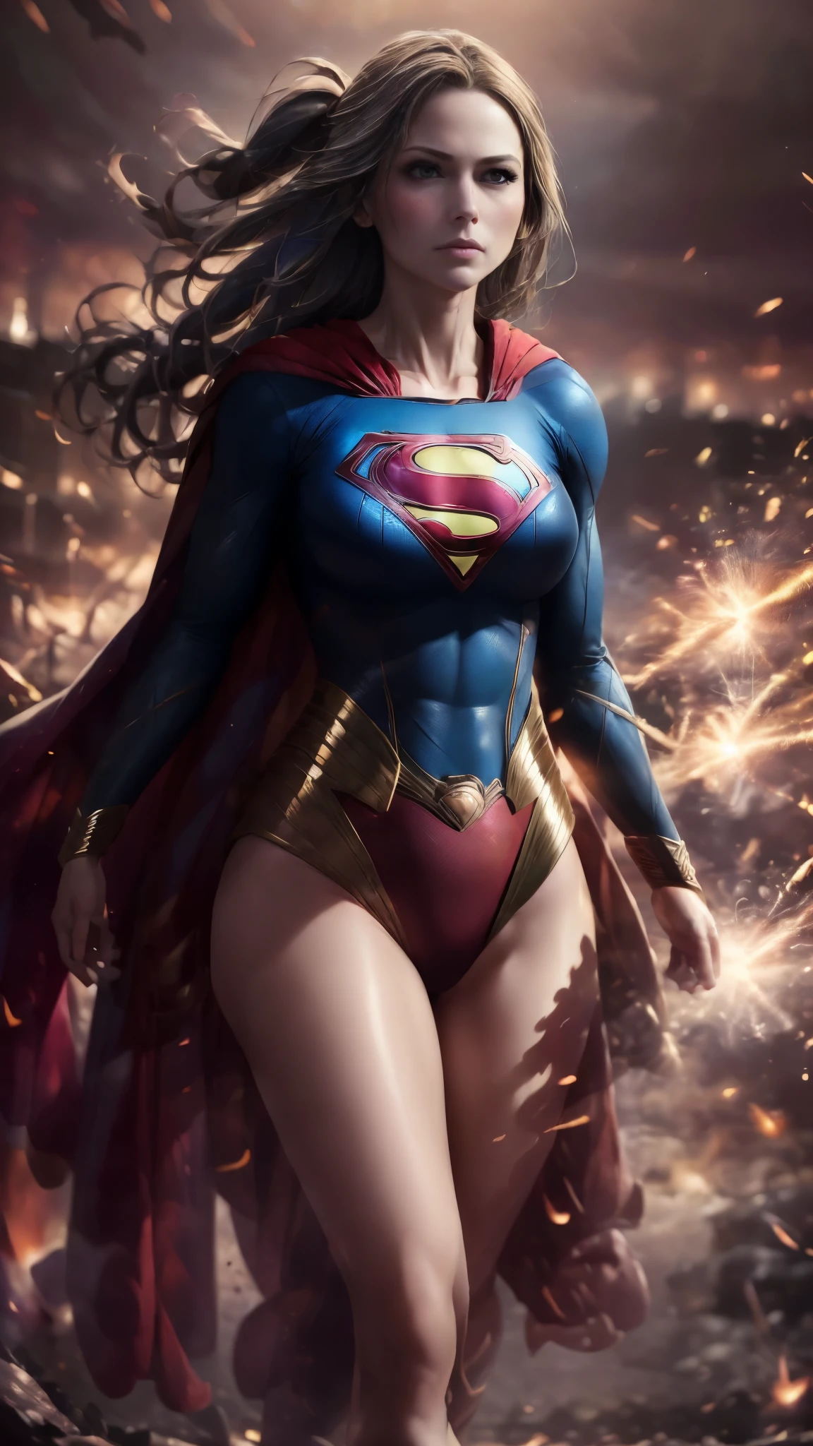 8k, qualidade superior, high resolution, realista、fotorrealista,cinematic light、Stand、arte de fantasia detalhada、arte de personagem impressionante、fan art best art station、epic and exquisite character art、germe de arte extremamente detalhado、Superhero Supergirl, terno Supergirl, capa vermelha, S do super-homem no peito, blue swimsuit, saia azul, botas vermelhas, arte de anime digital detalhada、art stations , 1girl, cabelos castanhos vermelhos, poneyCauda, ((sorriso sedutor、Cara Muito Limpa、Detalhes do rosto:1.5、rosto bonito、Olhos belos、olhos brilhantes、olhos de cor verde,thin lips:1.3、afinar, afiado, sobrancelhas claras,、long dark eyelashes、Double eyelashes)), Dynamic Posture, Dynamic backgrounds、Stars and moon in the skyCG、fantasiacg、Magnificent big bright moon、Ambiente iluminado、starry sky、Esbian de corpo inteiro、The deity of lightning、lightning、eletricidade、irradiando poder、Magia((Drama))Lightning background,