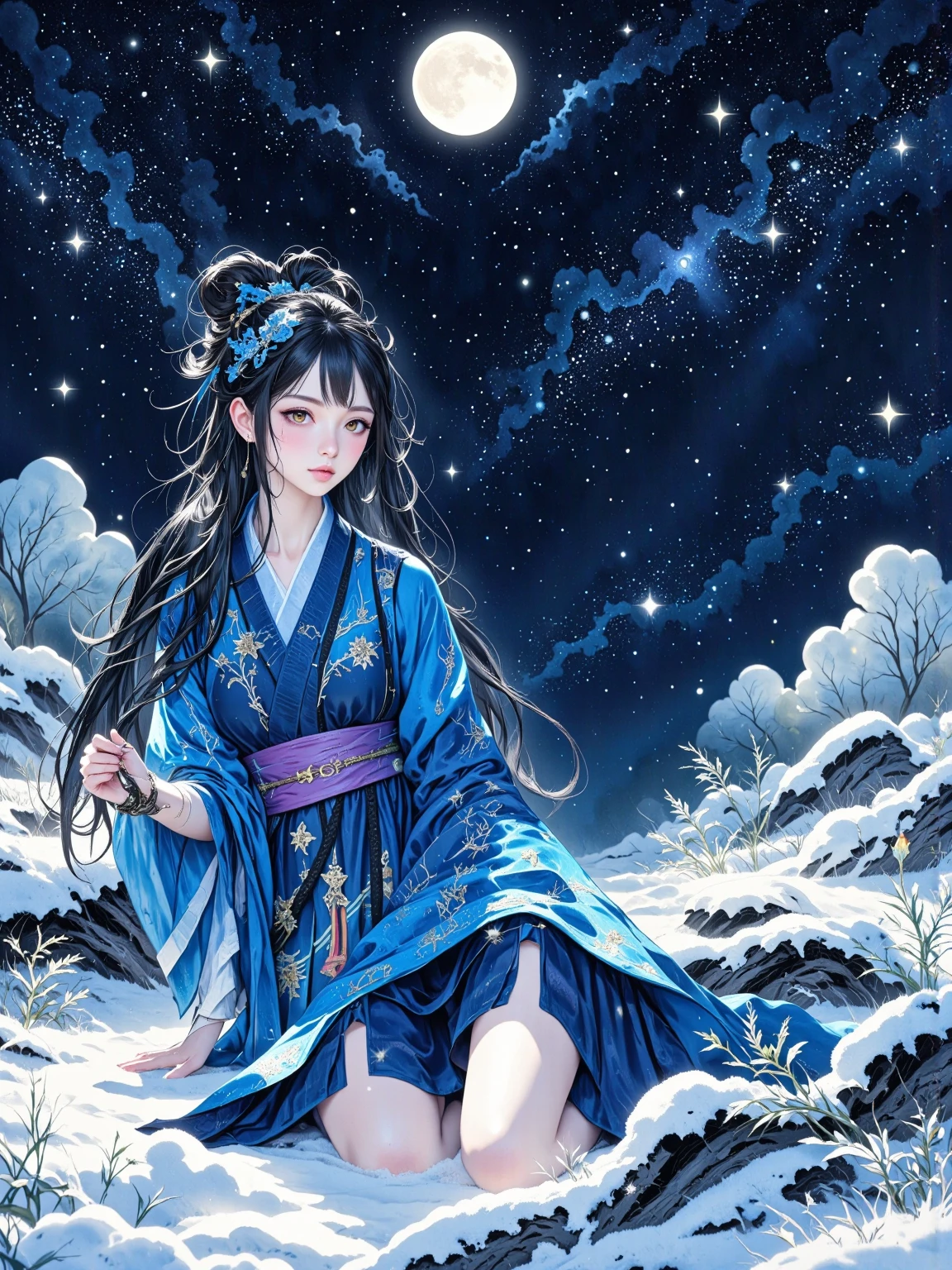 illustration， minimalism， Surrealism ，Chinese style，advanced，Contrasting colors，Weird Aesthetics ，Chinese aesthetics，Melancholy， atmosphere under the stars， A cosmic roaming rhapsody ，The portrait is blue ， with a blue hairpin ， blue mixed with black ，Blue is a light born in darkness，Light Sensitivity， atmosphere under the stars