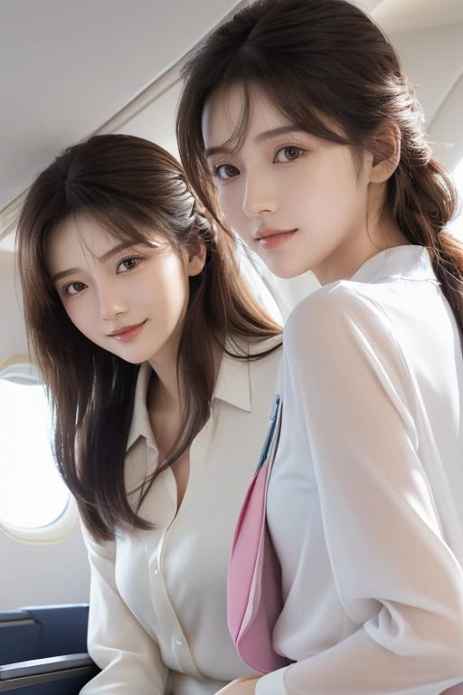 1 woman, 20 years old、overly detailed face、detailed lips、eye for detail、double eyelid、with a round face、(brown bob hair、Like an airplane stewardess々do a good job)、(stewardess uniform:1.2)、(glamorous body)、(huge breasts)、(Humidification:1.3), laugh、thighs thighs thighs thighs, perfect fit, Perfect image realism, background: (Business class aisle on airplanes:1.2), cowboy shot, 세심한 background, detailed costumes, perfect reading、surrealism、(realistic:1.4)、8K maximum resolution, (masterpiece), very detailed, professional,Cracks are visible