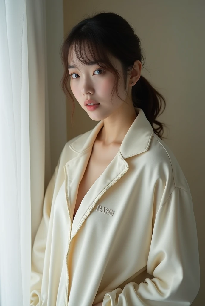 ((Realistic lighting, best qualtiy, 8k, tmasterpiece:1.3)), sharp fokus:1.2, 1girl, Beautiful Women with Perfect Figure:1.4, Slim abs:1.1, ((dark brown hair)), (White crop top:1.4),(exteriors,during night:1.1),posing for photoshoot,Ultra-fine face,Fine eyes,二重まぶた,Leaks out the entire delicate breast, photoshoot style background, magazine cover ,Dress- sleeves