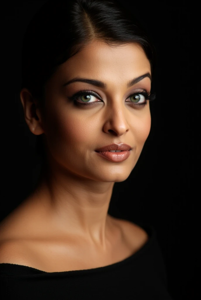 A Aishwarya rai A close-up portrait of a young woman with striking, intense eyes, wearing dark makeup. She has short, dark hair styled neatly. The image has a dramatic, moody atmosphere with a dark background and a focus on her facial features. She is wearing a dark, possibly black, off-the-shoulder top. The lighting is soft and highlights her face, giving her a captivating and alluring expression