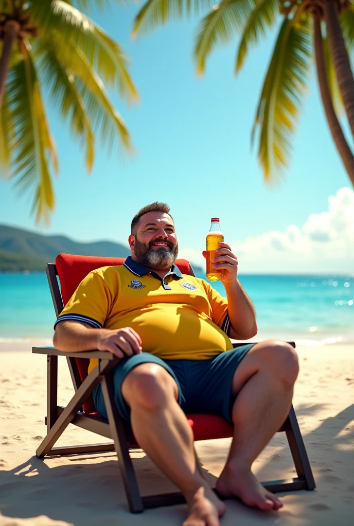 Create photo of legs of a hairy white man sitting by the pool drinking keineken beer with children and beautiful women in thong bikinis taking a bath