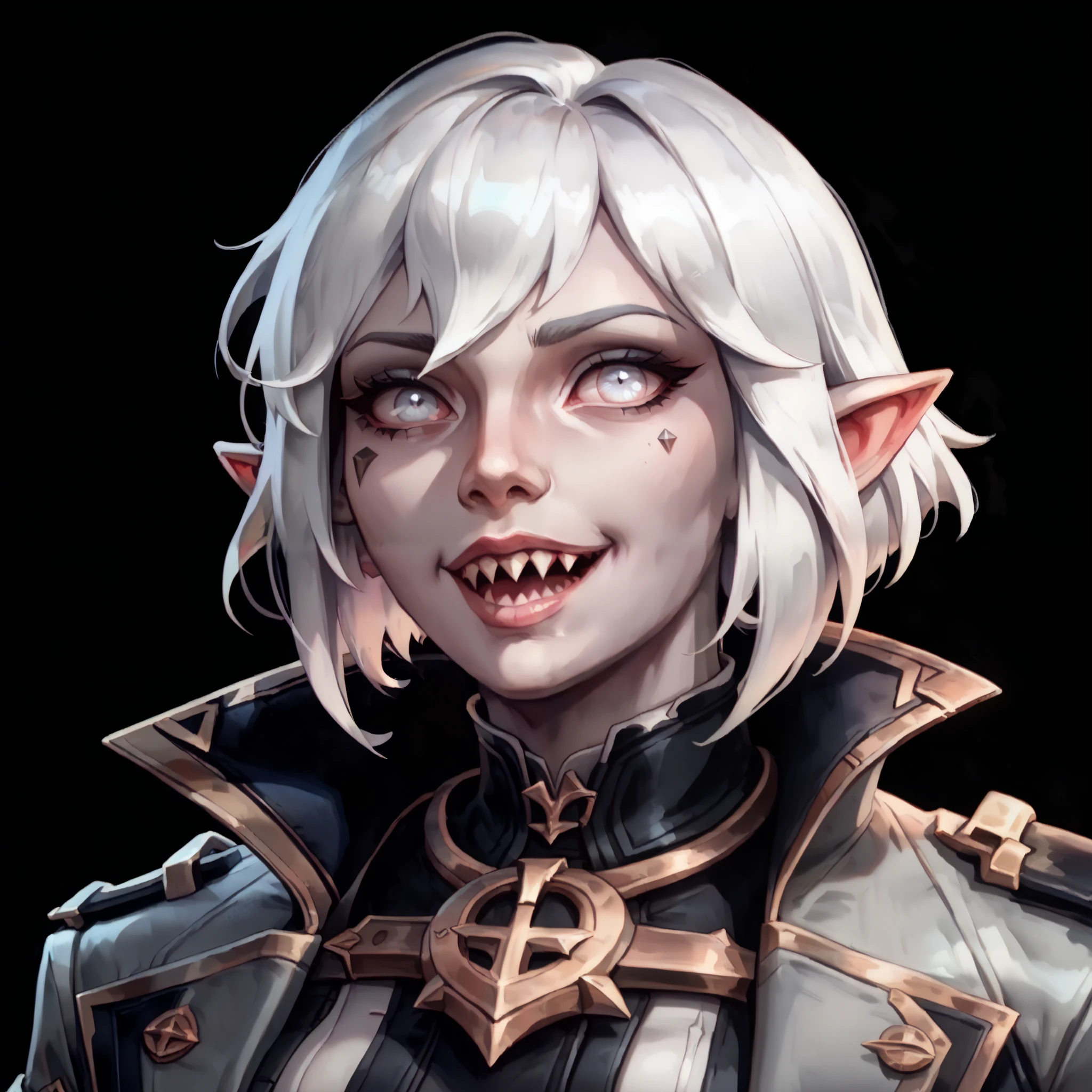 one woman, briar from league of legends, (pale eyes:1.2), (grey skin:1.2), bob haircut, white hair, pointy ears, sharp teeth, (upper body:1.3), (black background, clear background:1.5), (grey military jacket:1.2), (studio lights, deep shadows:1.3), (big chest:1.2), (joyful face, horny face:1.2)