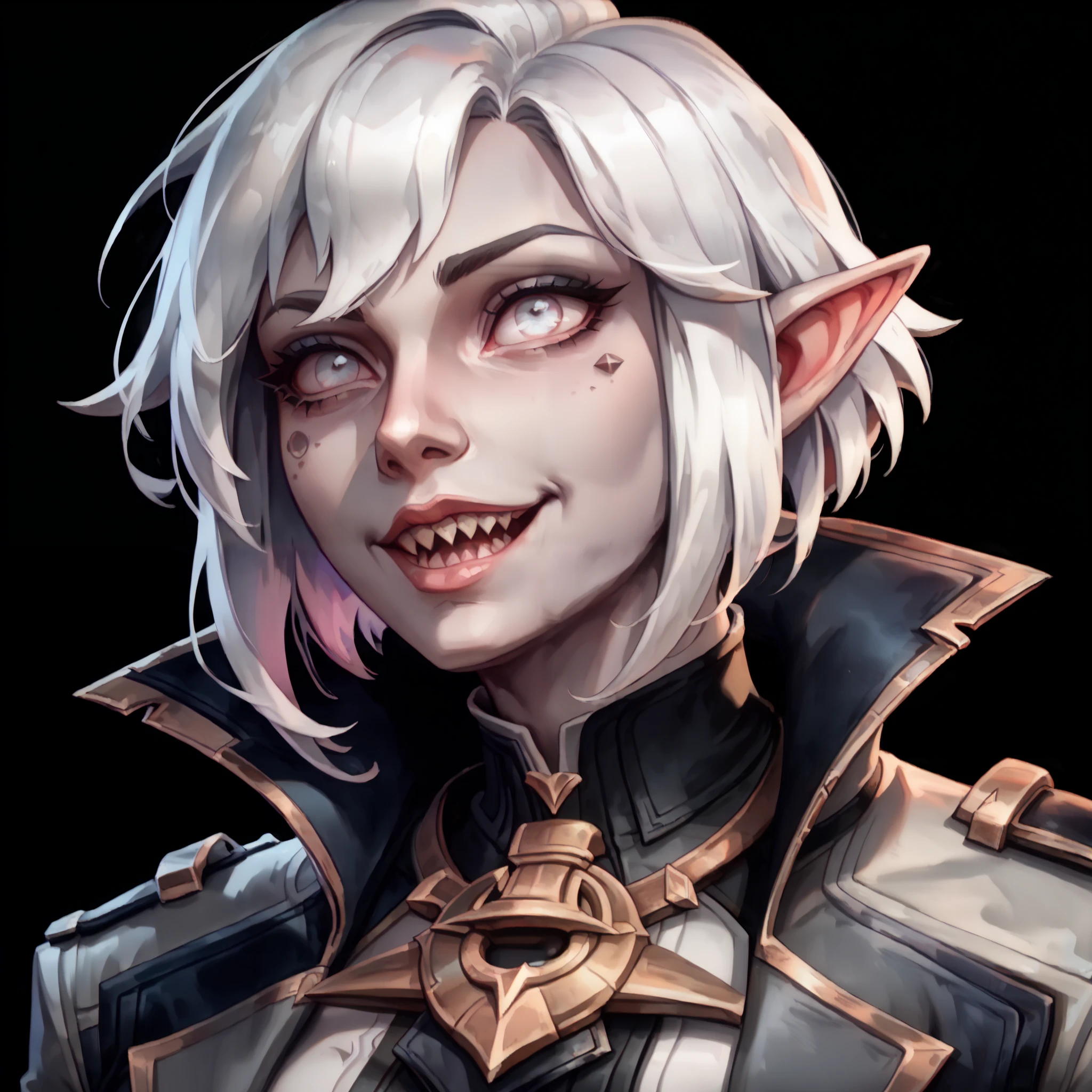 one woman, briar from league of legends, (pale eyes:1.2), (grey skin:1.2), bob haircut, white hair, pointy ears, sharp teeth, (upper body:1.3), (black background, clear background:1.5), (grey military jacket:1.2), (studio lights, deep shadows:1.3), (big chest:1.2), (joyful face, horny face:1.2)