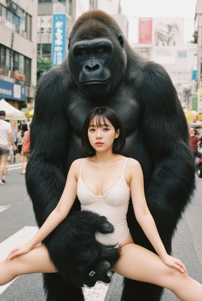 giant gorilla  monster carries  faint limp topless beautiful horny aroused  pink thong young  asian teen girl in his arms embrace sitting on his lap cuddling small breasts  nsfw licking her breasts with his tongue 