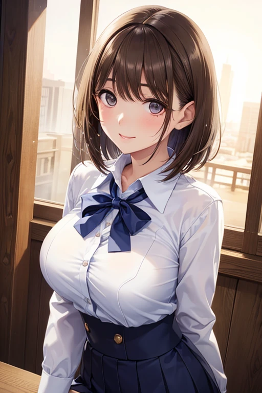 anegasaki nene、 shiny chestnut hair ,  shorthair , ( brown pretty eyes 、 sparkling eyes , Fine grain)、smile、 super detailed eyes、 very detailed face ,  highly detailed eyes ,(masterpiece:1.3), cowboy shot, (woman一人のみ, Alone)、


( High Quality ,  high resolution,  details,  realistic), campus,  evening , The sunset is shining, Alone,  school uniform, woman,  tilting your head , Sparkling Eyes,   detailed eyes , smile, ,  Big Breasts, sweat,  oily skin ,  shallow depth of field