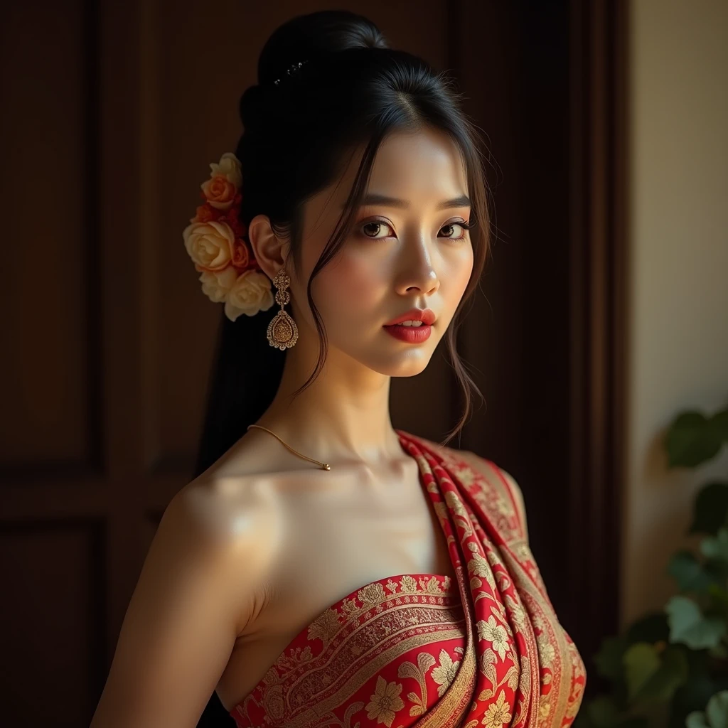 (meilleure qualité,4K,8K,haute résolution,chef-d'œuvre:1.2),ultra-détaillé,(réaliste,photoréaliste,photo-réaliste:1.37),portrait,dame en robe traditionnelle birmane magnifique et ornée de motifs,magnifiquement orné,motifs de brocart accrocheurs, couleurs riches et éclatantes ,Travail de broderie détaillé,textures exquises,robe méticuleusement confectionnée à la main,capture avec éclat l'essence de la culture birmane,motifs floraux traditionnels,Silhouette gracieuse,des plis et des plis fins,accentue l&#39;élégance de la dame,chignon simple noir avec fleur,postiche finement agencé,délicat et féminin,ajoute une touche de sophistication, Expression douce et confiante ,Yeux profonds et captivants,des lèvres brillantes avec un soupçon de sourire,teint impeccable,accessoires dorés,poli et raffiné,présence fascinante,éclairage subtil,ombres dramatiques,met en valeur la grâce et la beauté de la dame,Expérience visuelle immersive,sexy,nu,nu,action de visage sexuellement attrayante