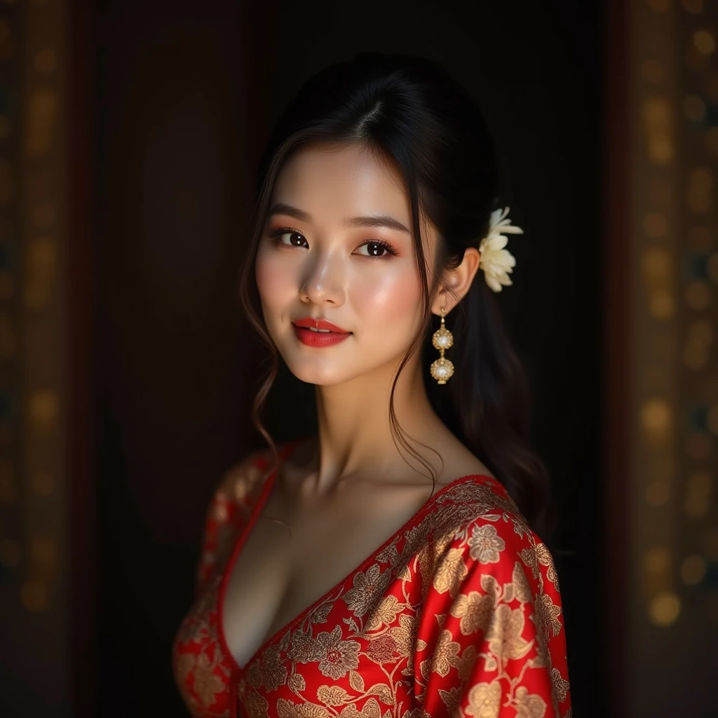 (meilleure qualité,4K,8K,haute résolution,chef-d'œuvre:1.2),ultra-détaillé,(réaliste,photoréaliste,photo-réaliste:1.37),portrait,dame en robe traditionnelle birmane magnifique et ornée de motifs,magnifiquement orné,motifs de brocart accrocheurs, couleurs riches et éclatantes ,Travail de broderie détaillé,textures exquises,robe méticuleusement confectionnée à la main,capture avec éclat l'essence de la culture birmane,motifs floraux traditionnels,Silhouette gracieuse,des plis et des plis fins,accentue l&#39;élégance de la dame,chignon simple noir avec fleur,postiche finement agencé,délicat et féminin,ajoute une touche de sophistication, Expression douce et confiante ,Yeux profonds et captivants,des lèvres brillantes avec un soupçon de sourire,teint impeccable,accessoires dorés,poli et raffiné,présence fascinante,éclairage subtil,ombres dramatiques,met en valeur la grâce et la beauté de la dame,Expérience visuelle immersive,sexy,nu,nu,action de visage sexuellement attrayante