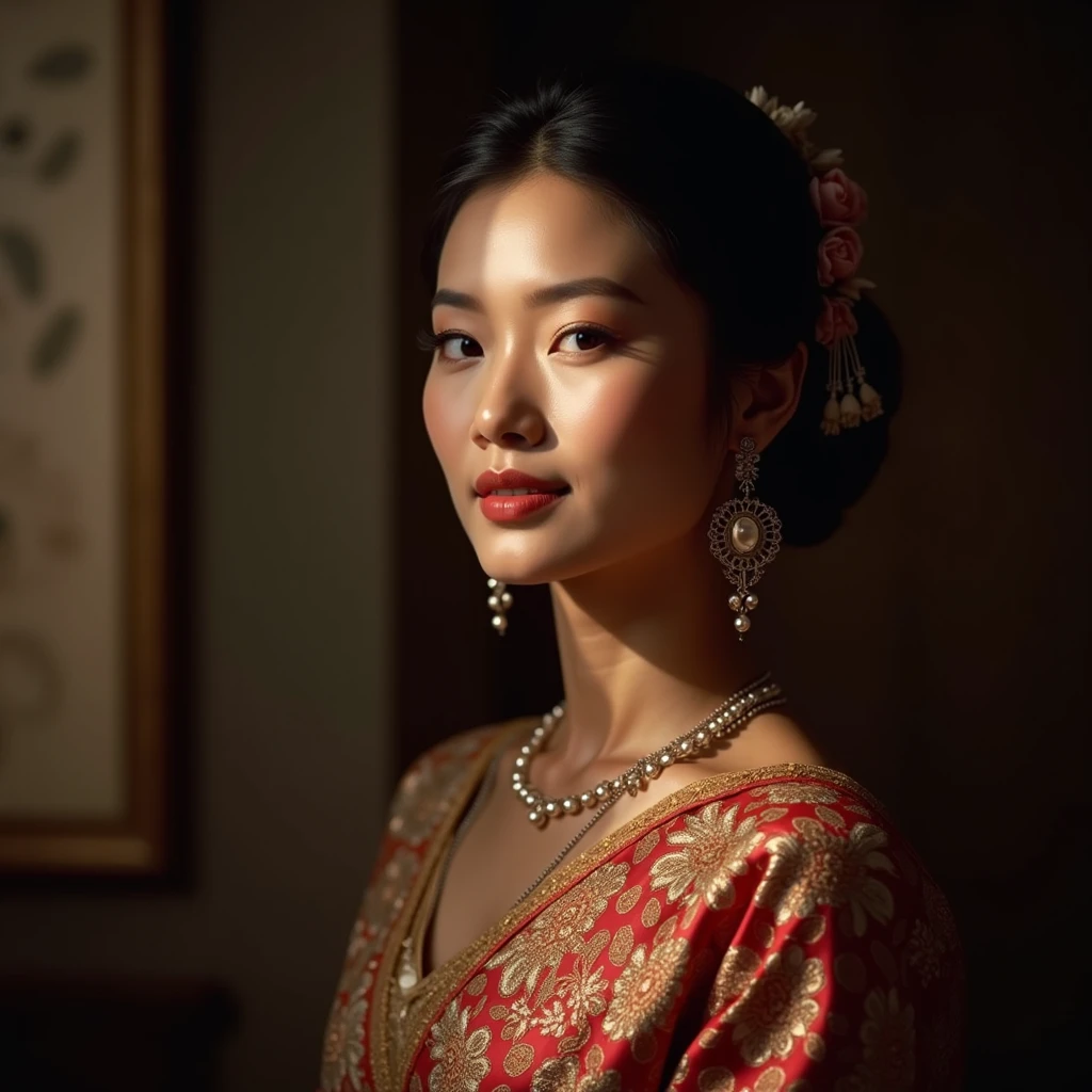(meilleure qualité,4K,8K,haute résolution,chef-d'œuvre:1.2),ultra-détaillé,(réaliste,photoréaliste,photo-réaliste:1.37),portrait,dame en robe traditionnelle birmane magnifique et ornée de motifs,magnifiquement orné,motifs de brocart accrocheurs, couleurs riches et éclatantes ,Travail de broderie détaillé,textures exquises,robe méticuleusement confectionnée à la main,capture avec éclat l'essence de la culture birmane,motifs floraux traditionnels,Silhouette gracieuse,des plis et des plis fins,accentue l&#39;élégance de la dame,chignon simple noir avec fleur,postiche finement agencé,délicat et féminin,ajoute une touche de sophistication, Expression douce et confiante ,Yeux profonds et captivants,des lèvres brillantes avec un soupçon de sourire,teint impeccable,accessoires dorés,poli et raffiné,présence fascinante,éclairage subtil,ombres dramatiques,met en valeur la grâce et la beauté de la dame,Expérience visuelle immersive,sexy,nu,nu,action de visage sexuellement attrayante