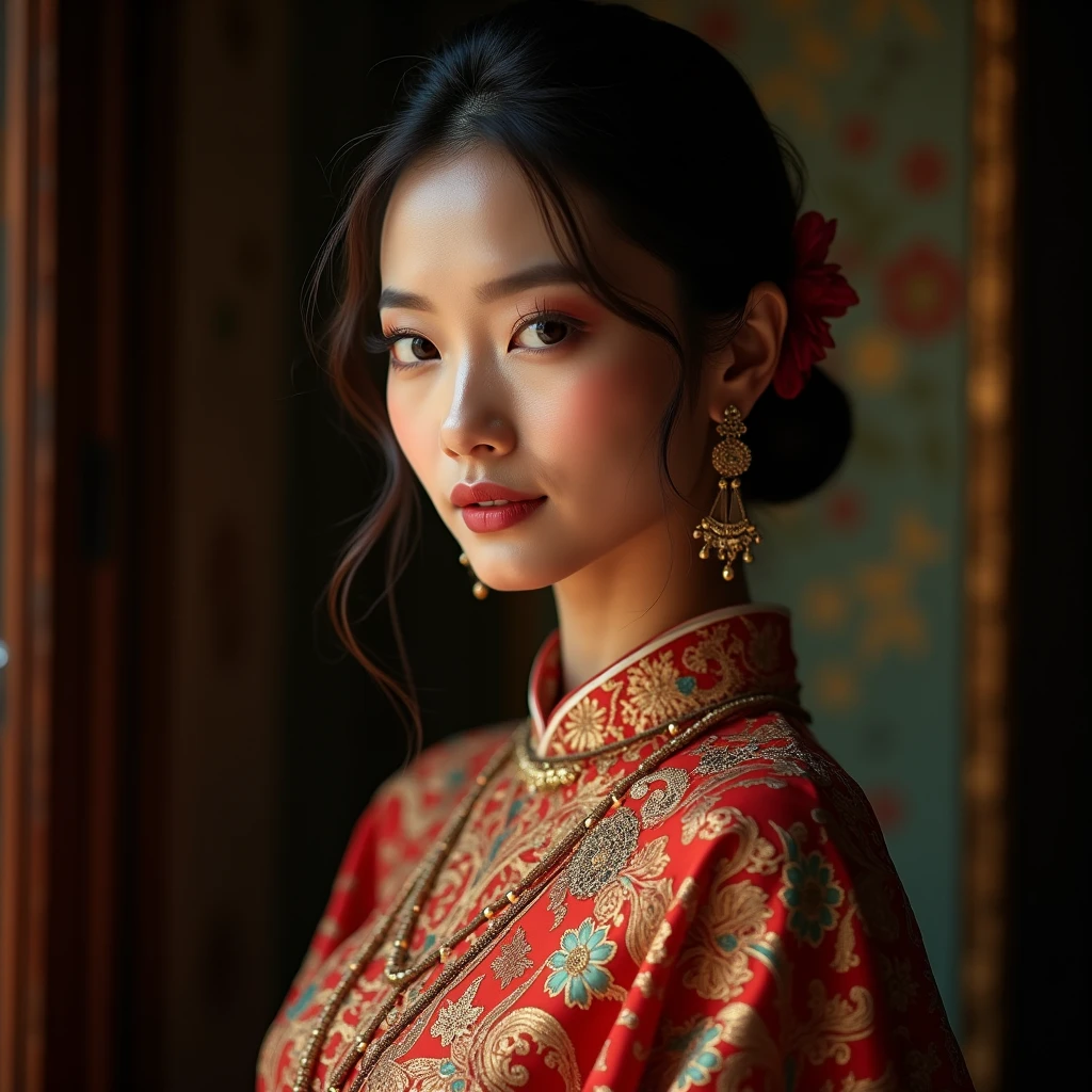 (meilleure qualité,4K,8K,haute résolution,chef-d'œuvre:1.2),ultra-détaillé,(réaliste,photoréaliste,photo-réaliste:1.37),portrait,dame en robe traditionnelle birmane magnifique et ornée de motifs,magnifiquement orné,motifs de brocart accrocheurs, couleurs riches et éclatantes ,Travail de broderie détaillé,textures exquises,robe méticuleusement confectionnée à la main,capture avec éclat l'essence de la culture birmane,motifs floraux traditionnels,Silhouette gracieuse,des plis et des plis fins,accentue l&#39;élégance de la dame,chignon simple noir avec fleur,postiche finement agencé,délicat et féminin,ajoute une touche de sophistication, Expression douce et confiante ,Yeux profonds et captivants,des lèvres brillantes avec un soupçon de sourire,teint impeccable,accessoires dorés,poli et raffiné,présence fascinante,éclairage subtil,ombres dramatiques,met en valeur la grâce et la beauté de la dame,Expérience visuelle immersive,sexy,nu,nu,action de visage sexuellement attrayante