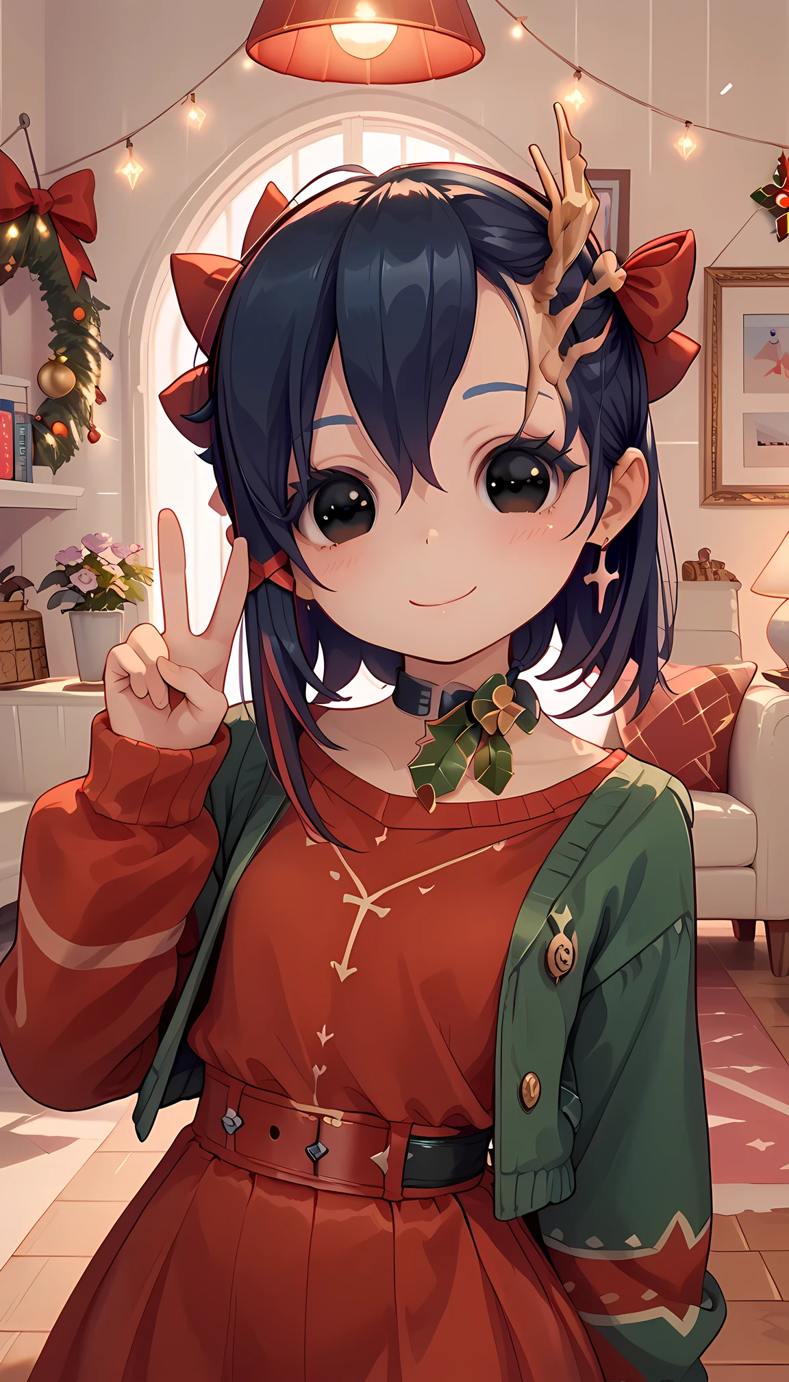 ultra-high quality, best quality, 8K, UHD, very aesthetic, photorealism, volumetric lighting,(TinyMita), (dark blue hair), little, short, (**li), cute smile, blush, (black eyes), (red hair bow), red Christmas sweater, wide line art, simplistic, cute, cute pose, v sign, simplistic background , detailed game miside background,