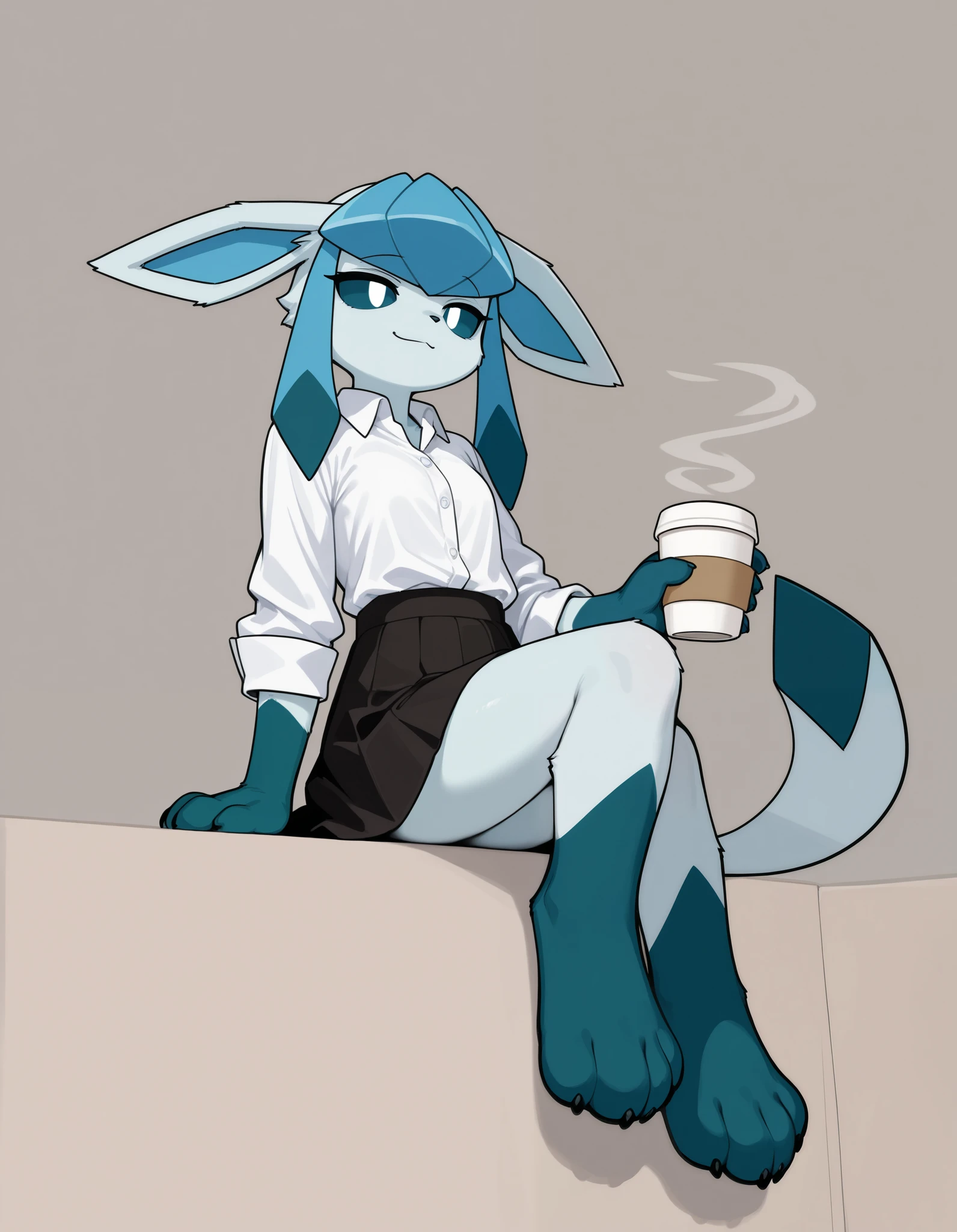Solo, score_9,score_8_up,score_7_up, source_furry, an Anthro furry Glaceon female, blue sclera, white eyes, wearing white button up shirt, short black skirt, looking bored, bored eyes, soft smile, coy smile, simple grey artistic background, in an empty grey cafe, sitting, holding a paper cup of coffee, mouth open, low angle, feet paws, paw focus, foot fetish