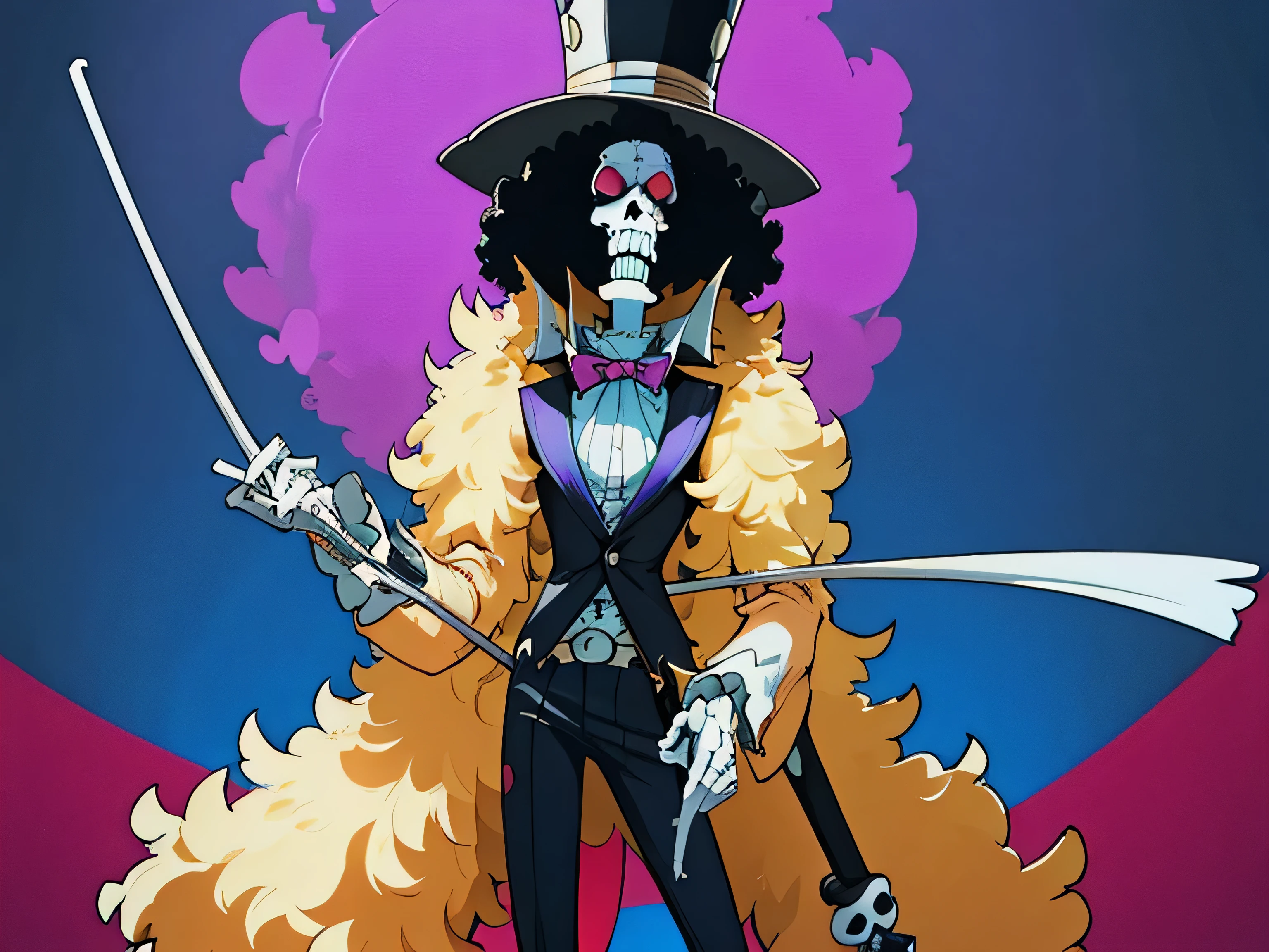 brook from one piece, man, skeleton. Brook is an extremely tall skeleton dressed in formal attire complete with top hat and cane. Standing at 266 cm in height. Despite having no skin, he still has an afro.