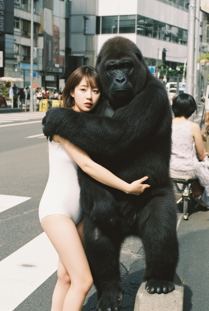 Aiki Enami being hugged by a gorilla, Medium brown hair, Big Tits, Big Ass, Japanese beauty, Open anus, Thong