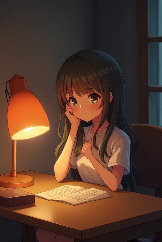 1. will be behind her. The girl will sit at the table , when the lamp is on .
2. The character , similar to Bakugo from " my hero academia", with a soft expression , stroking her hair .
3. The atmosphere will be cozy and peaceful.
Let the drawing be like from an anime