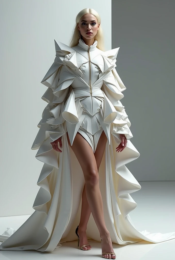 "Produce AI art that portrays a fashion model walking on an abstract, otherworldly runway with unconventional materials, creating an avant-garde atmosphere."