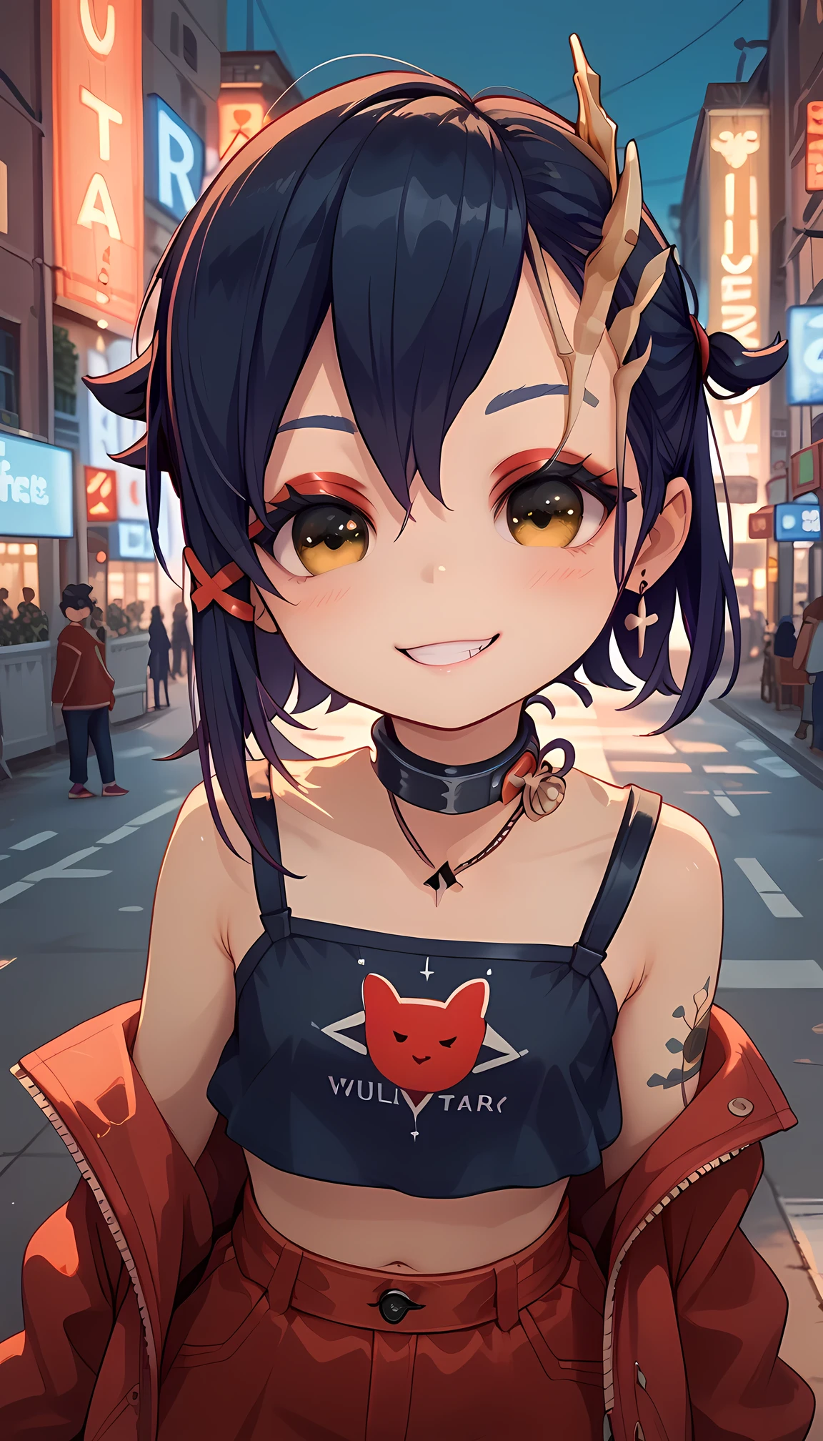 ultra-high quality, best quality, 8K, UHD, very aesthetic, photorealism, volumetric lighting,(TinyMita), (dark blue hair), little, short, (**li), cute smile, blush, (black eyes),  undercut hairstyle, yellow eyes, masterpiece, image of a wild girl with tattoo, midriff, punk, red eyeshadow, wild, smirk on face, city at nighttime, neon colors lighting,